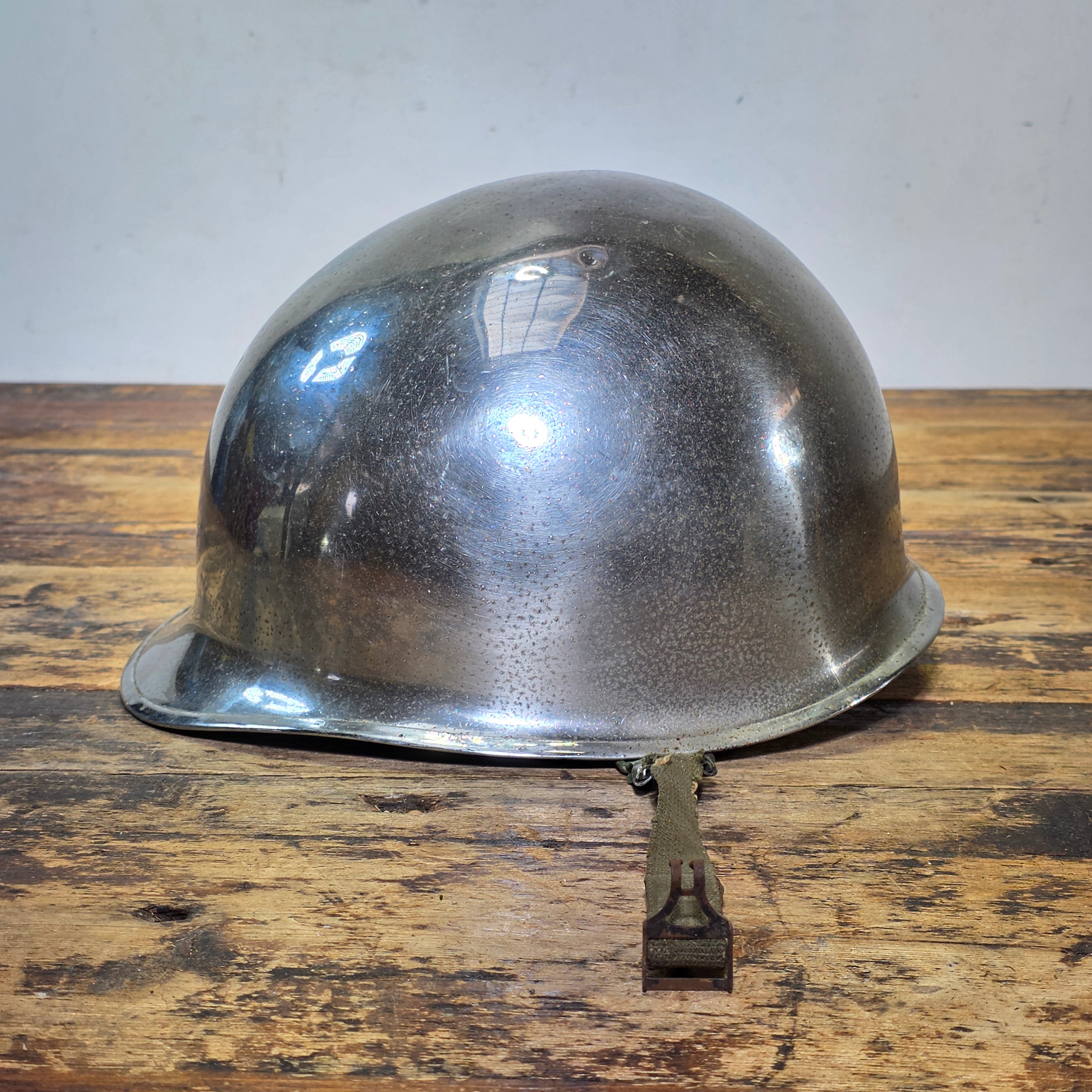 WWII US Army M1 Parade Chrome Helmet CAPAC Fiber Liner Damage 3" Crack
