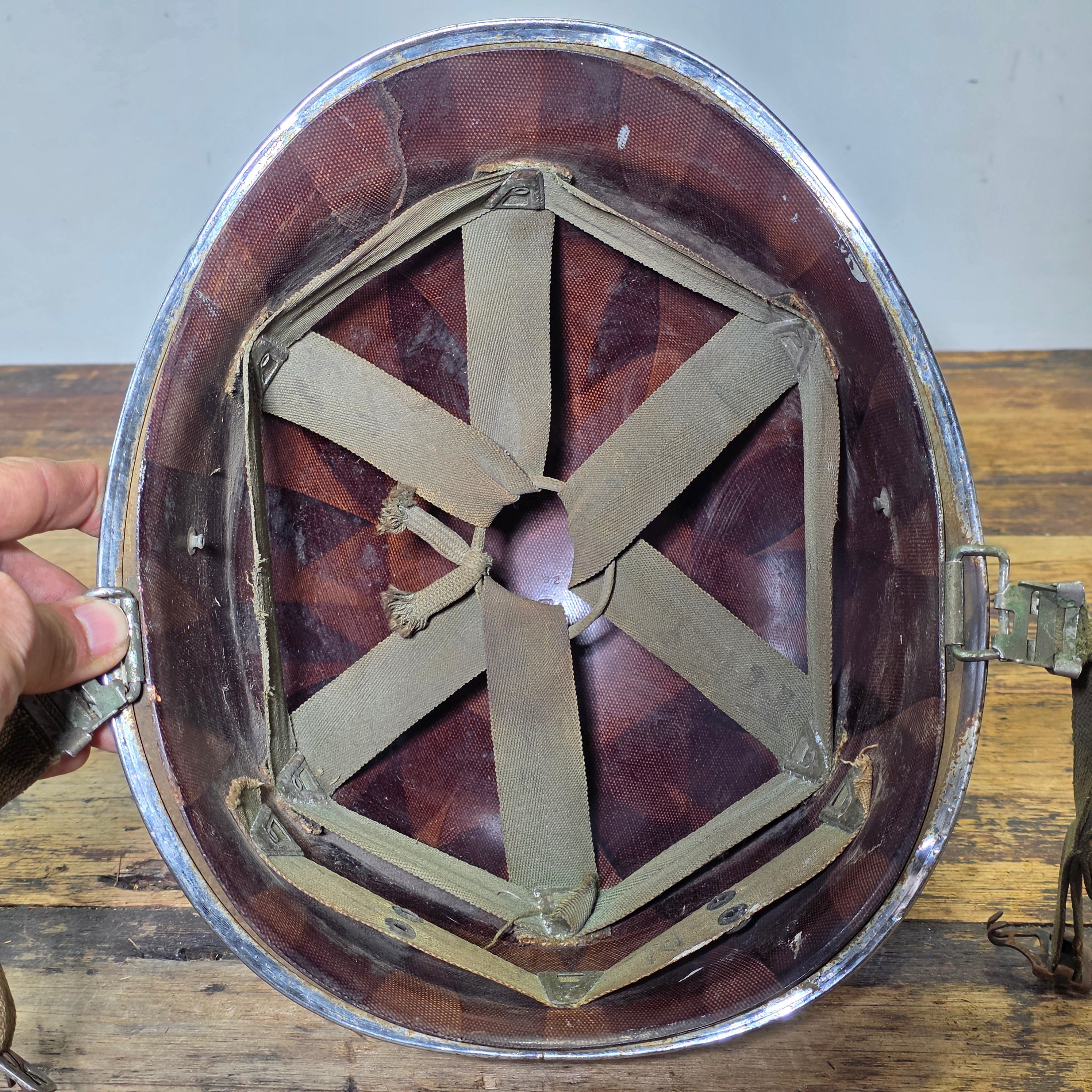 WWII US Army M1 Parade Chrome Helmet CAPAC Fiber Liner Damage 3" Crack