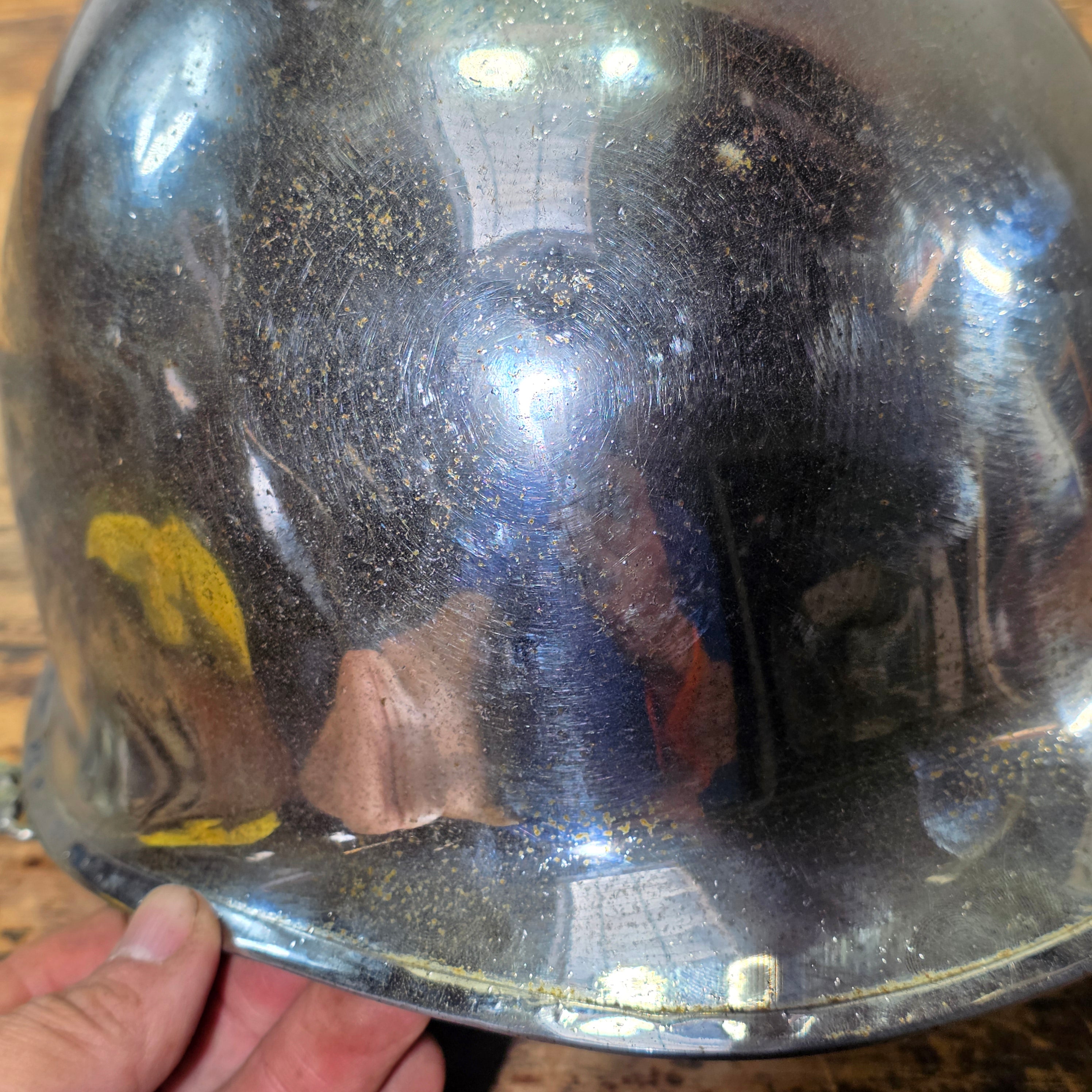 WWII US Army M1 Parade Chrome Helmet CAPAC Fiber Liner Damage 3" Crack