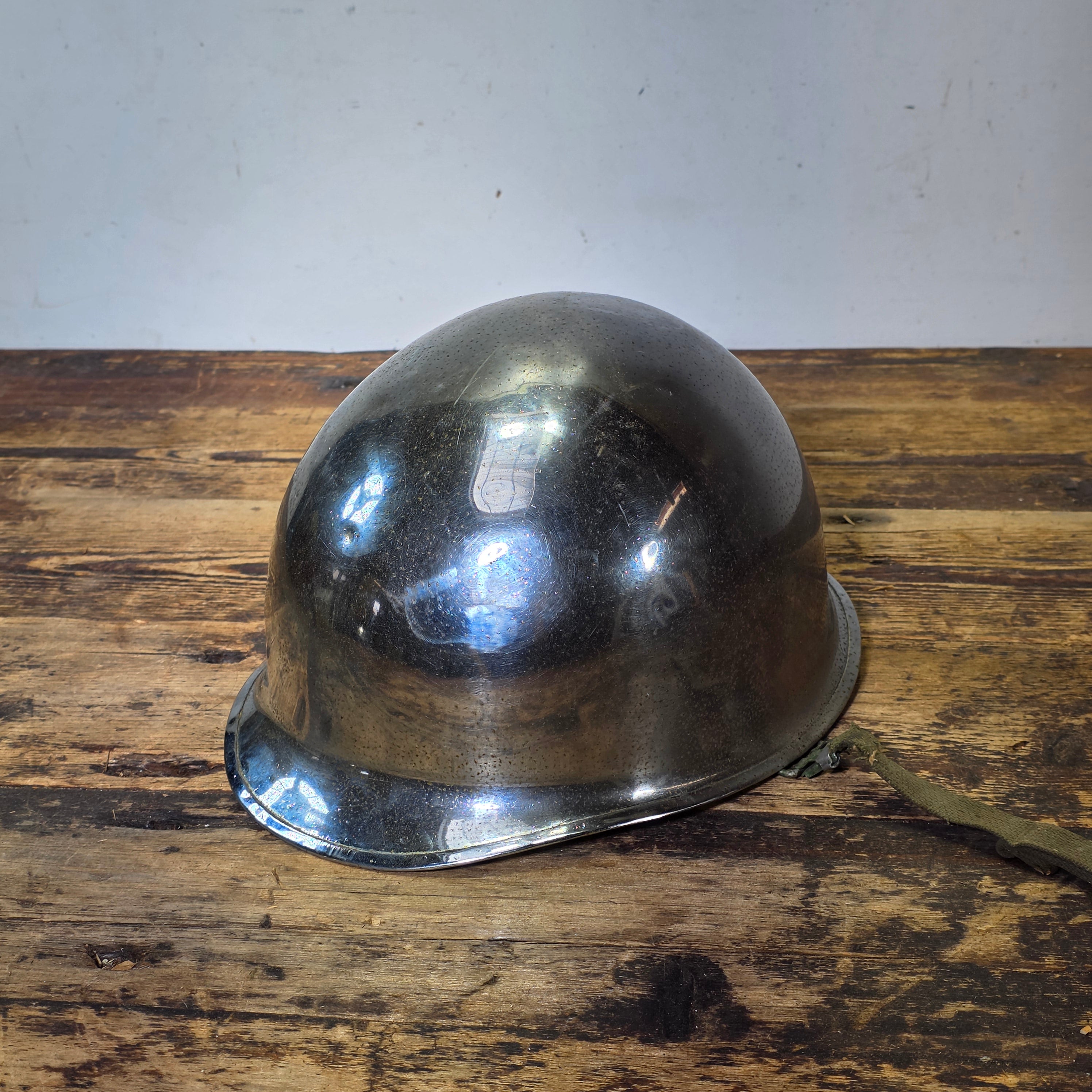 WWII US Army M1 Parade Chrome Helmet CAPAC Fiber Liner Damage 3" Crack