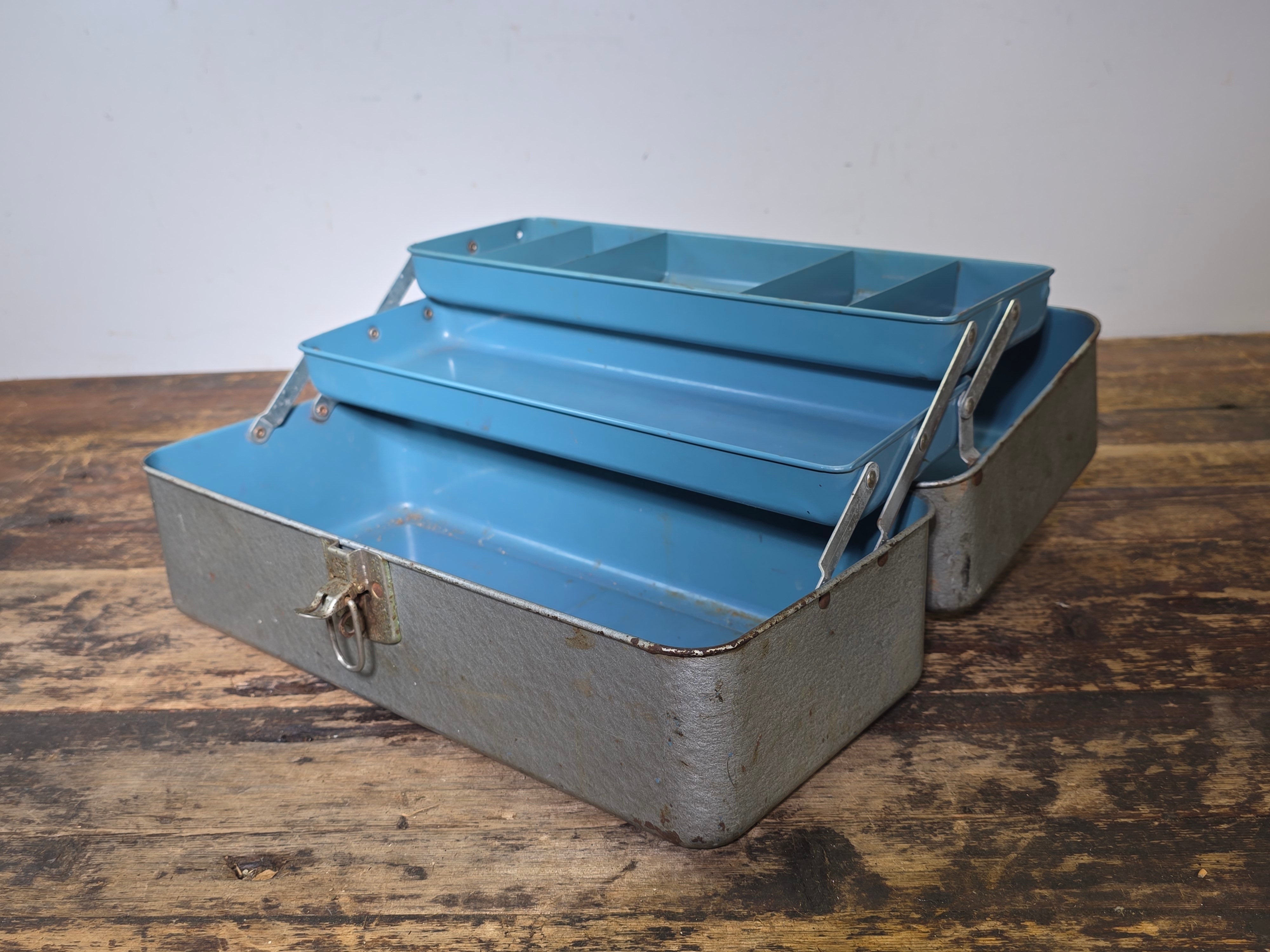 Vintage Union Utility Chest Metal Tool Box Ruler Lid Silver Blue Trays Le Roy NY