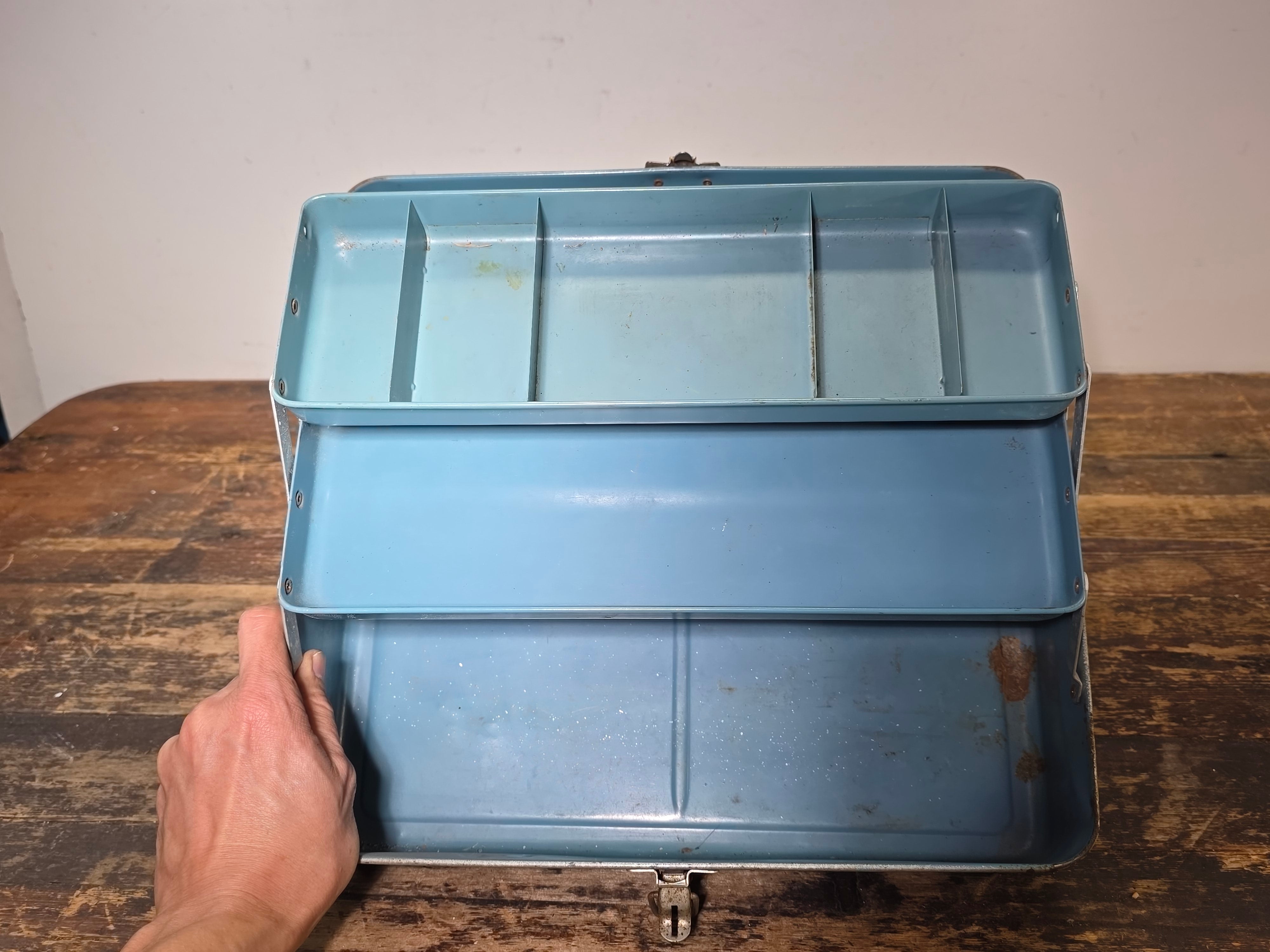 Vintage Union Utility Chest Metal Tool Box Ruler Lid Silver Blue Trays Le Roy NY