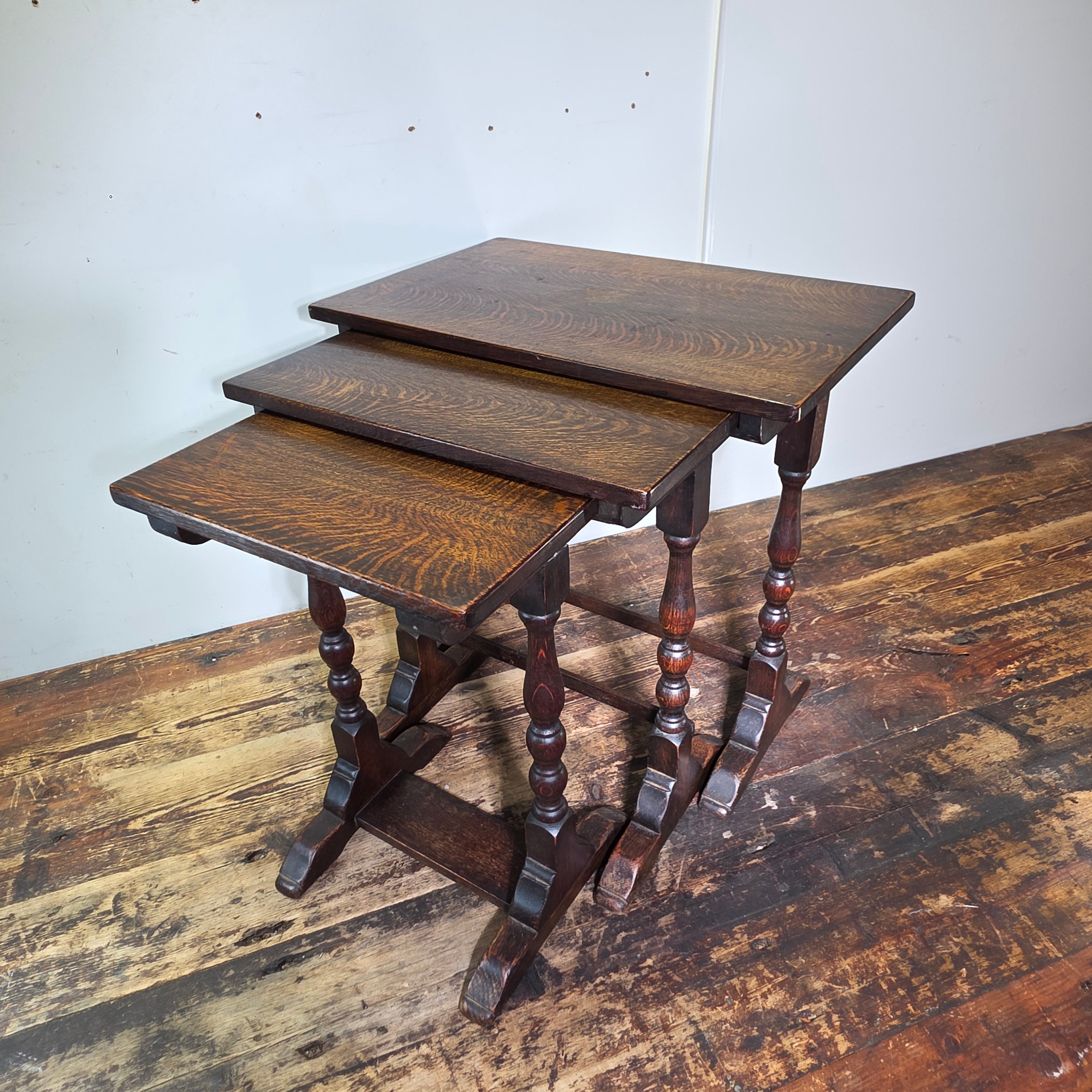 Antique English Nest of 3 Tables WWII CC41 Oak Jacobean Utility Side End Set
