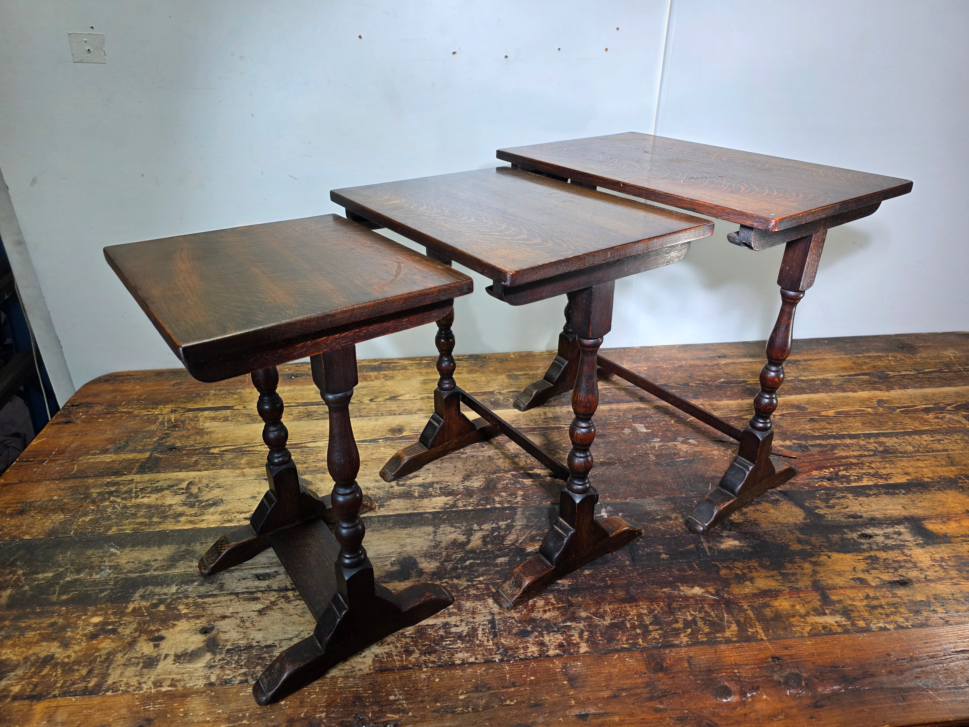 Antique English Nest of 3 Tables WWII CC41 Oak Jacobean Utility Side End Set