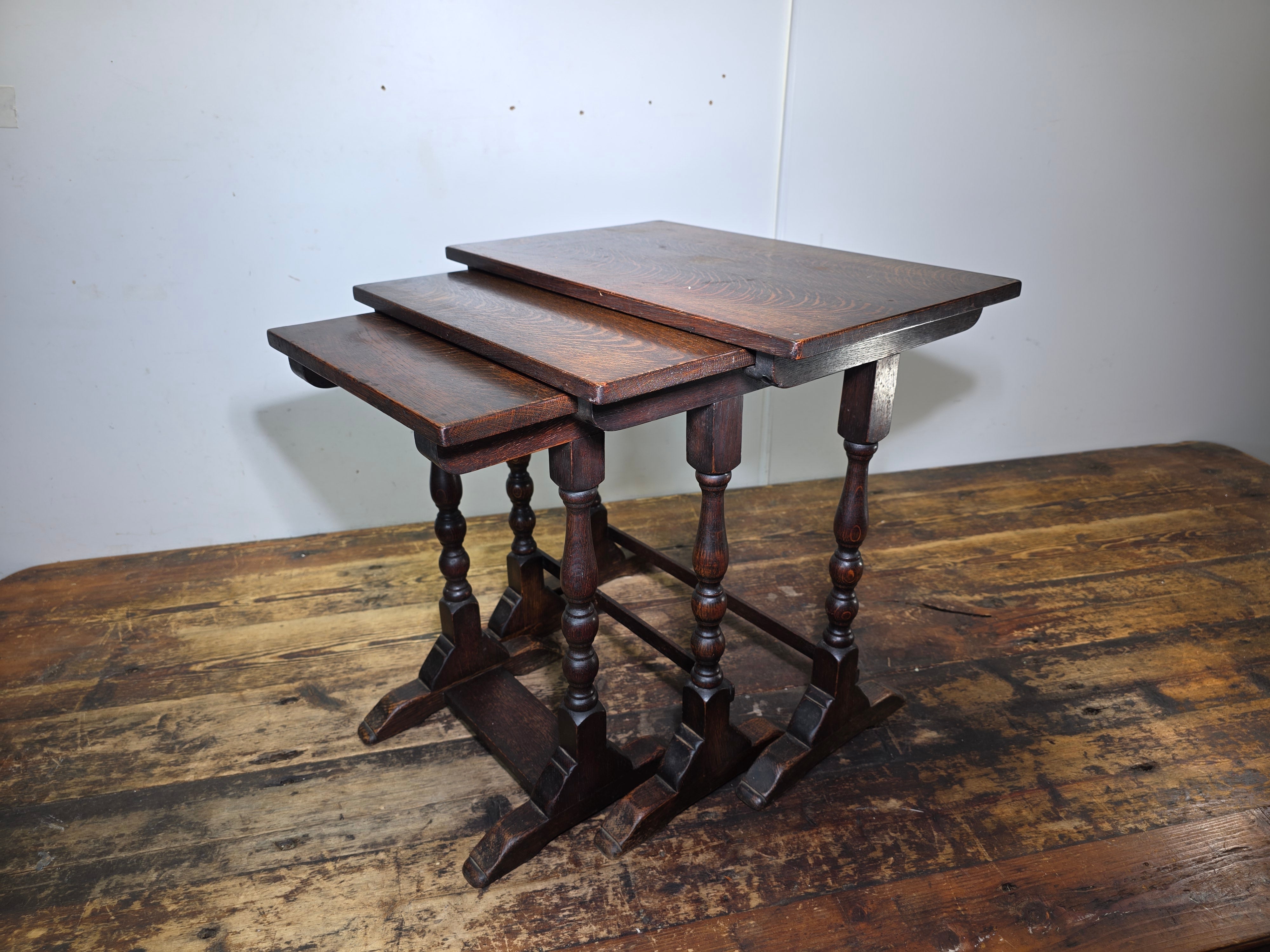 Antique English Nest of 3 Tables WWII CC41 Oak Jacobean Utility Side End Set
