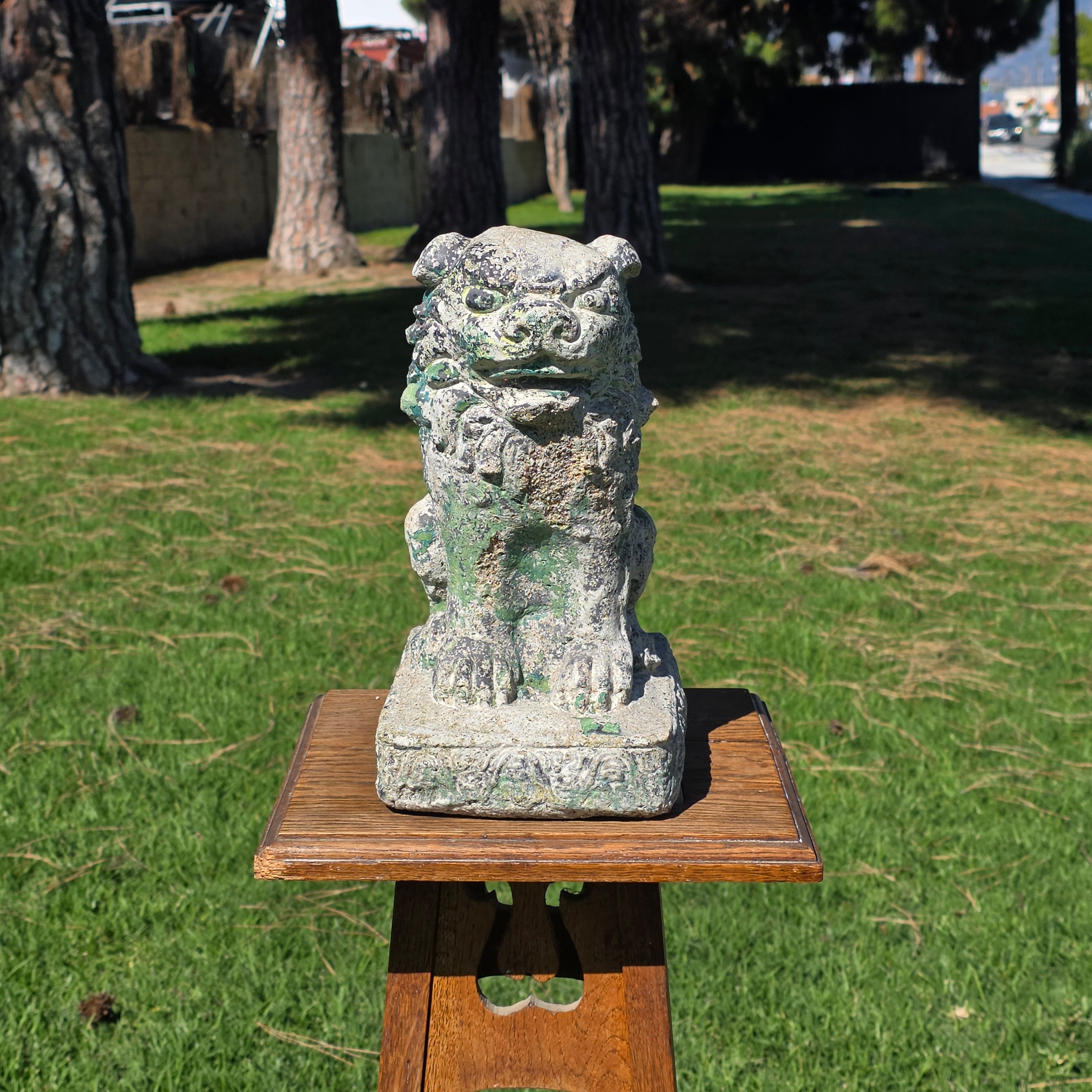 Vintage Chinese Guardian Lion Foo Dog Concrete Garden Statue 11.5in