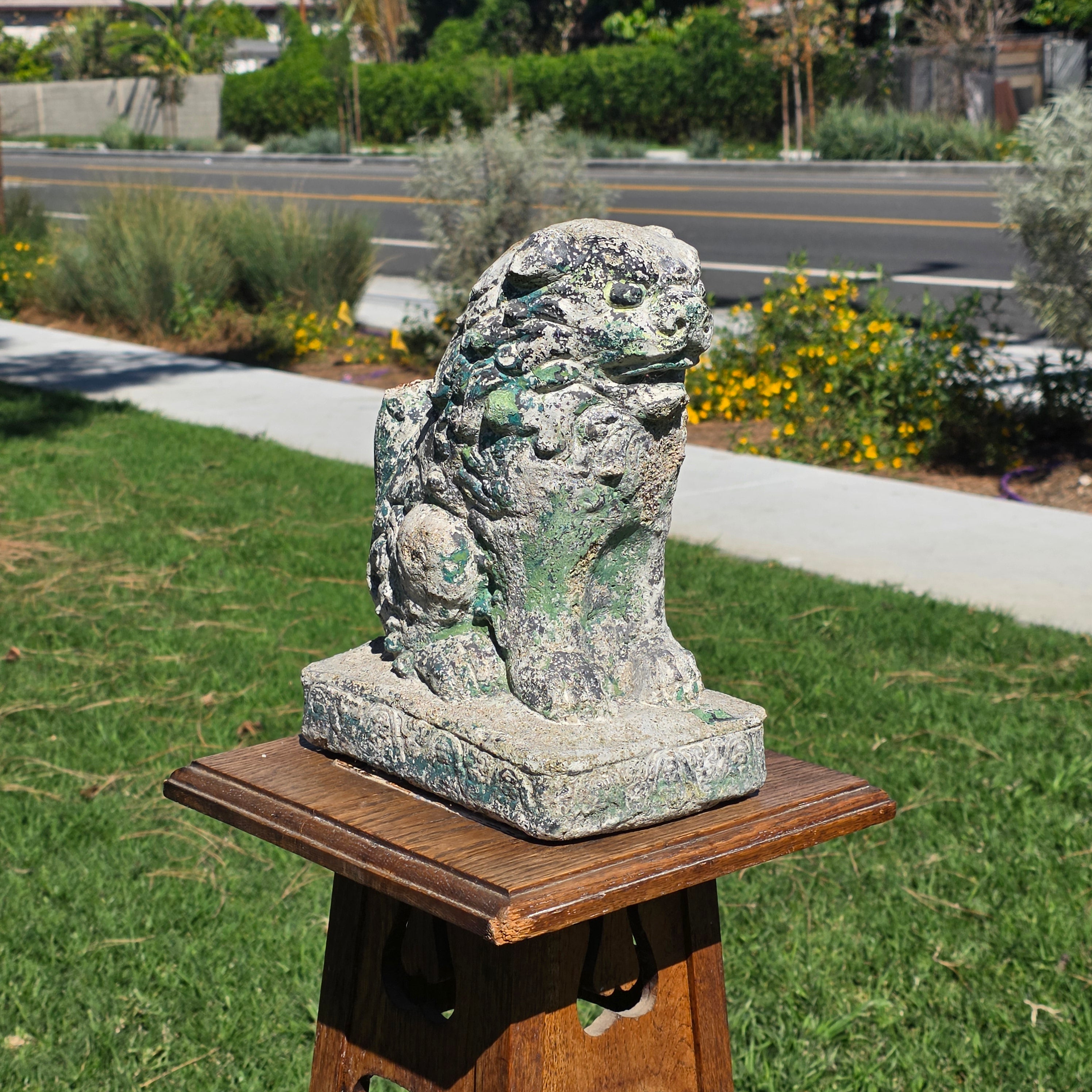 Vintage Chinese Guardian Lion Foo Dog Concrete Garden Statue 11.5in