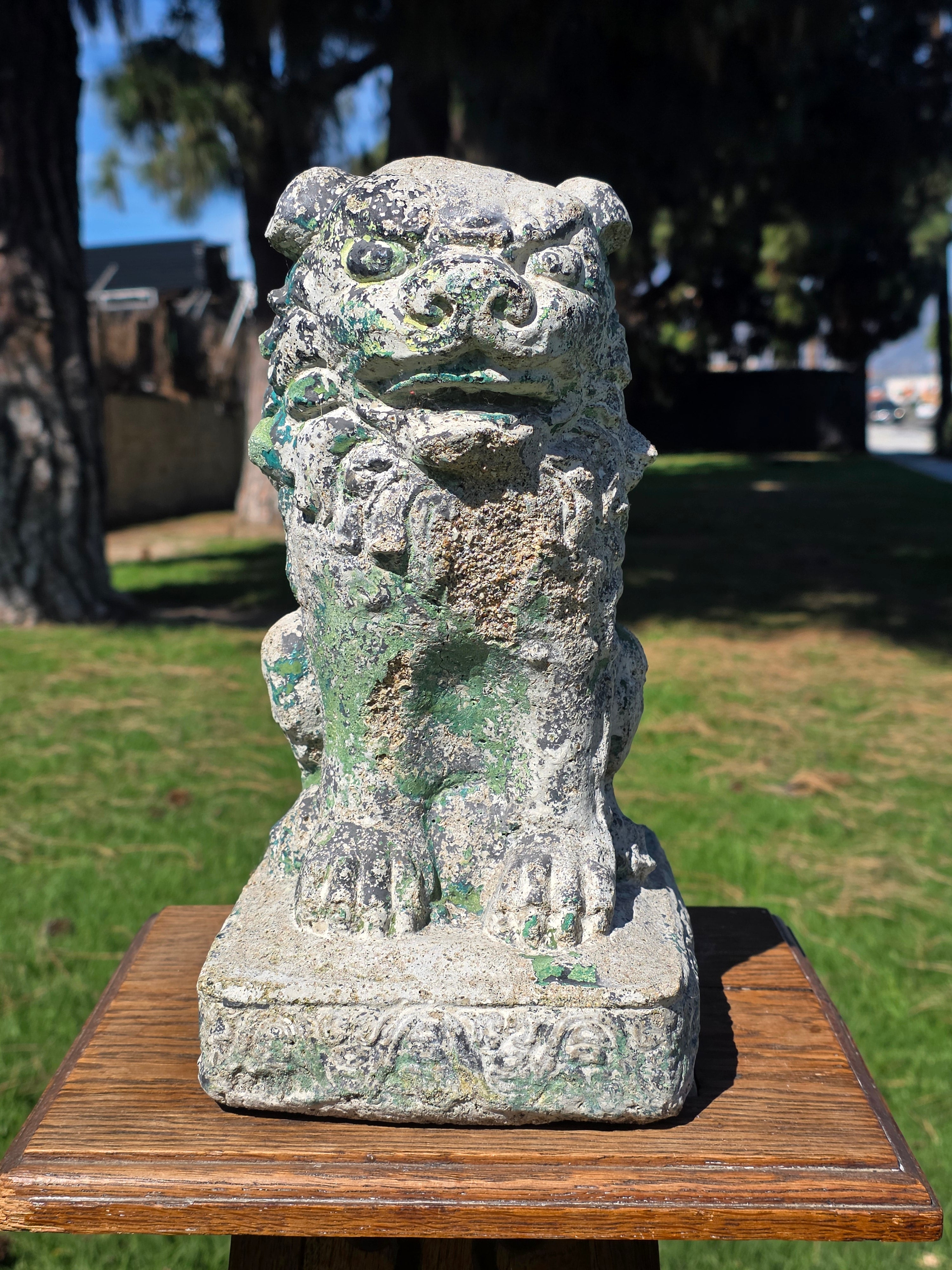 Vintage Chinese Guardian Lion Foo Dog Concrete Garden Statue 11.5in