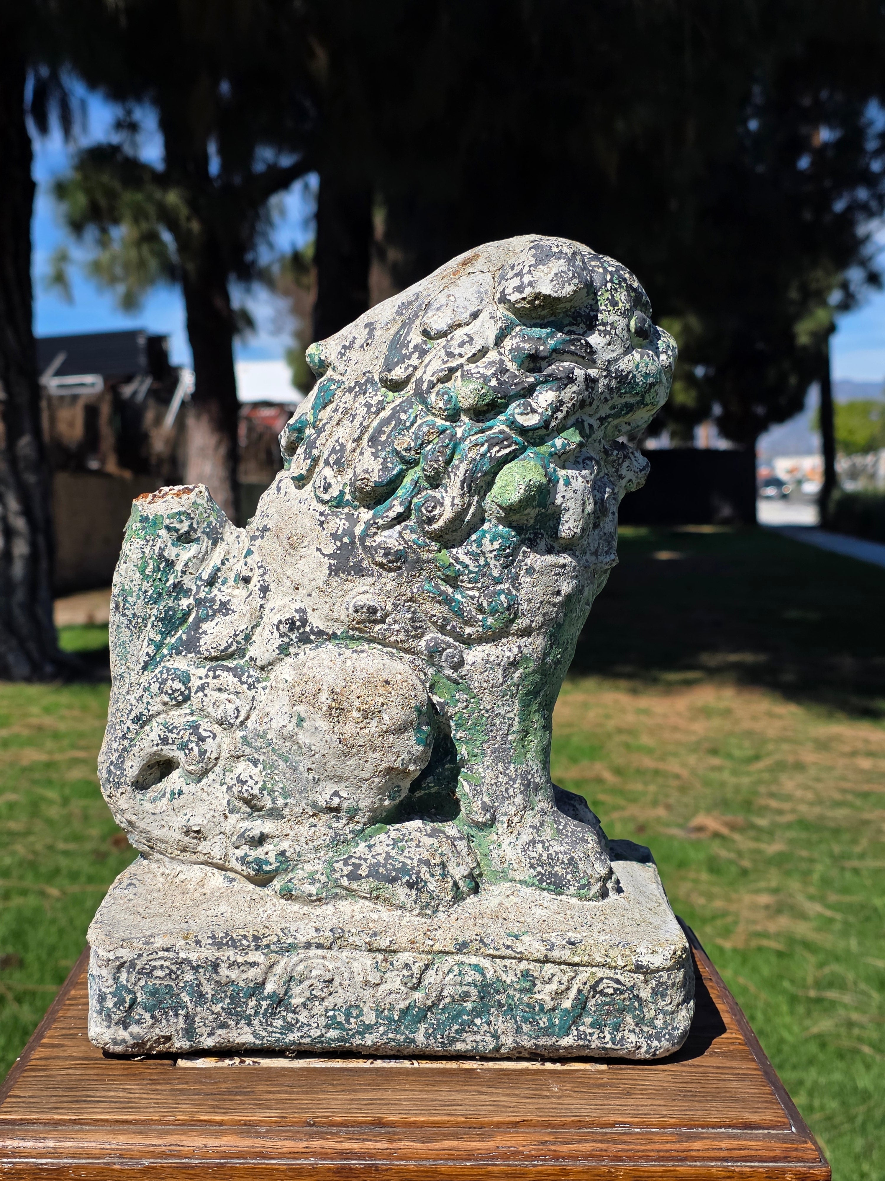 Vintage Chinese Guardian Lion Foo Dog Concrete Garden Statue 11.5in