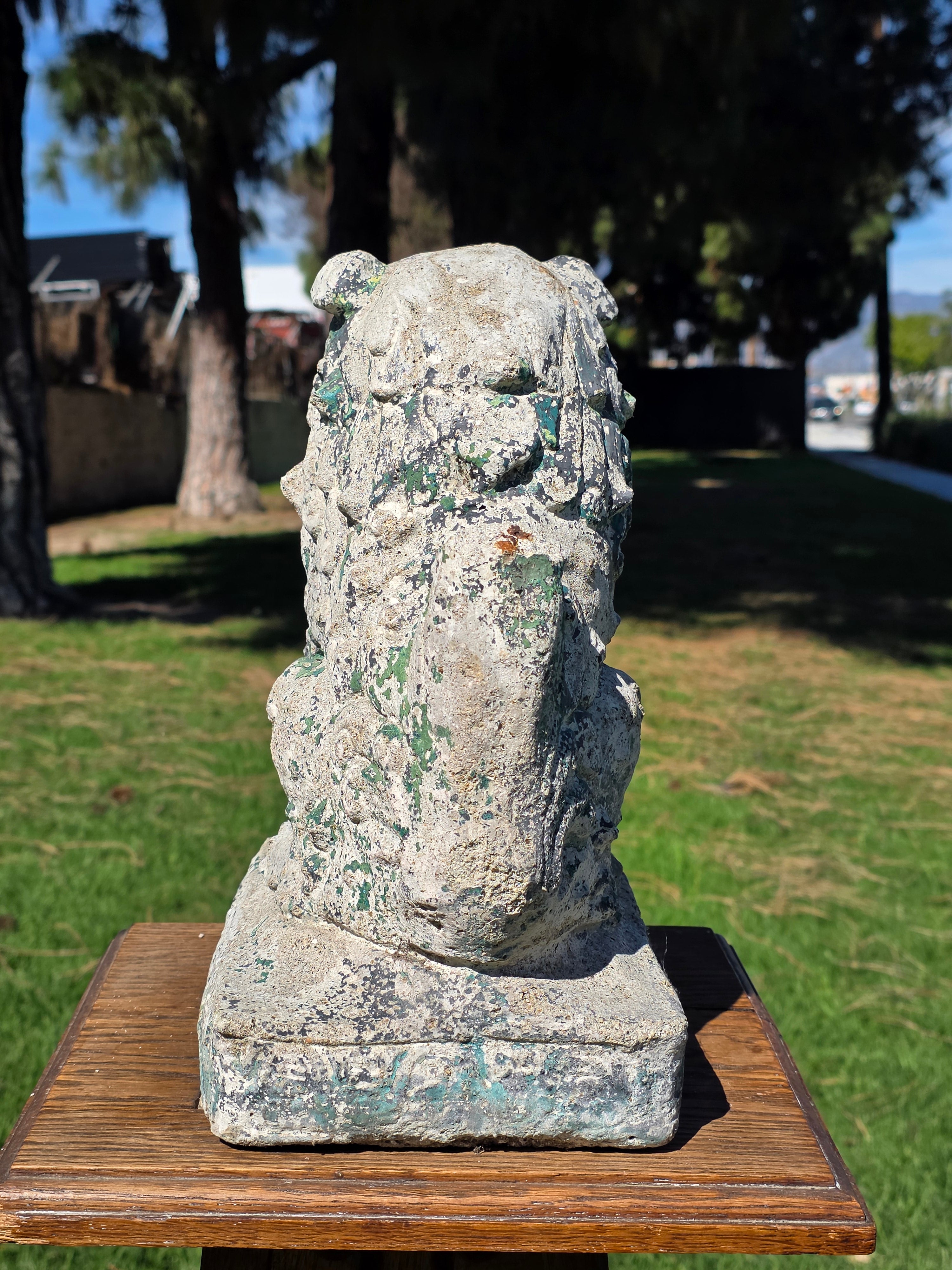 Vintage Chinese Guardian Lion Foo Dog Concrete Garden Statue 11.5in