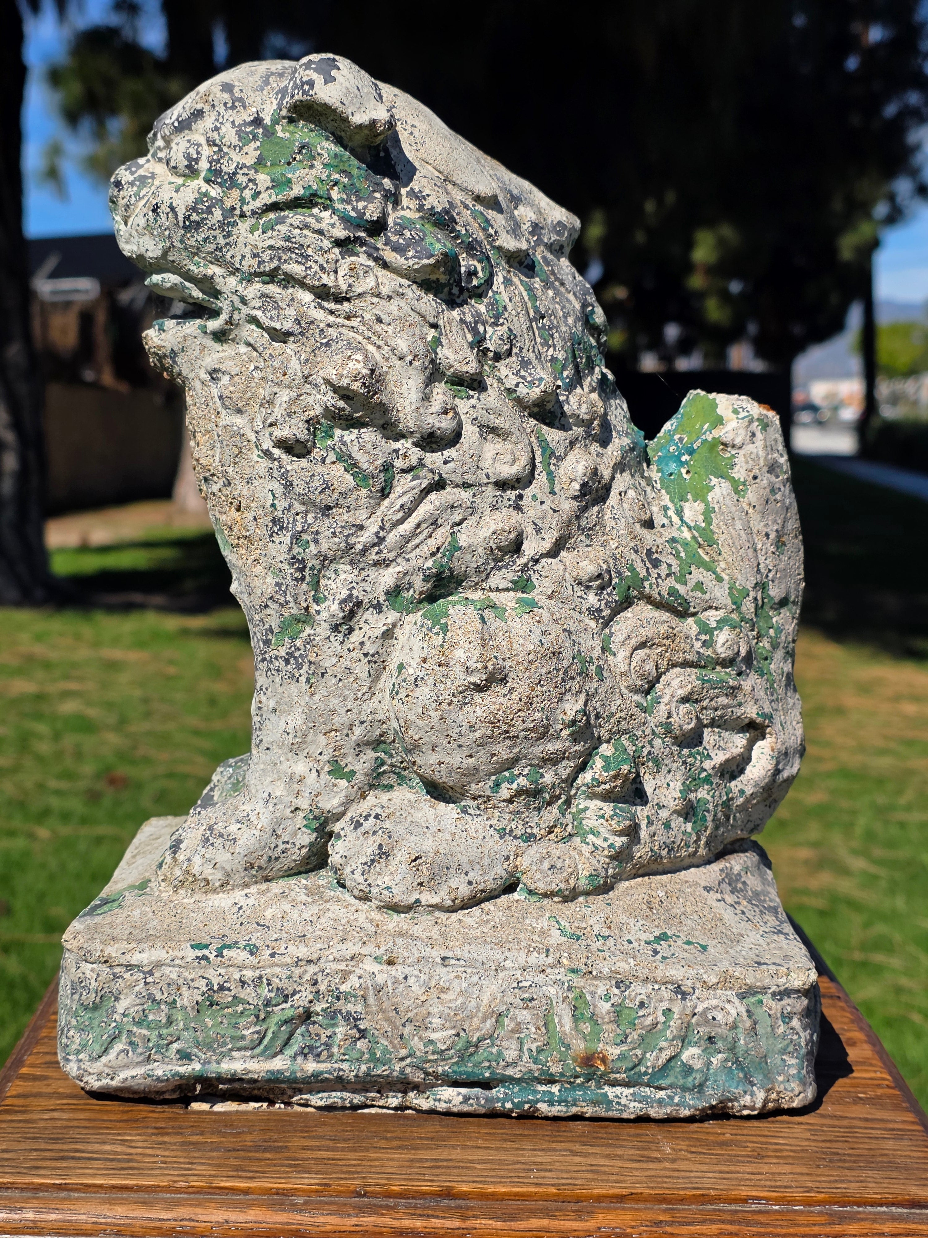 Vintage Chinese Guardian Lion Foo Dog Concrete Garden Statue 11.5in