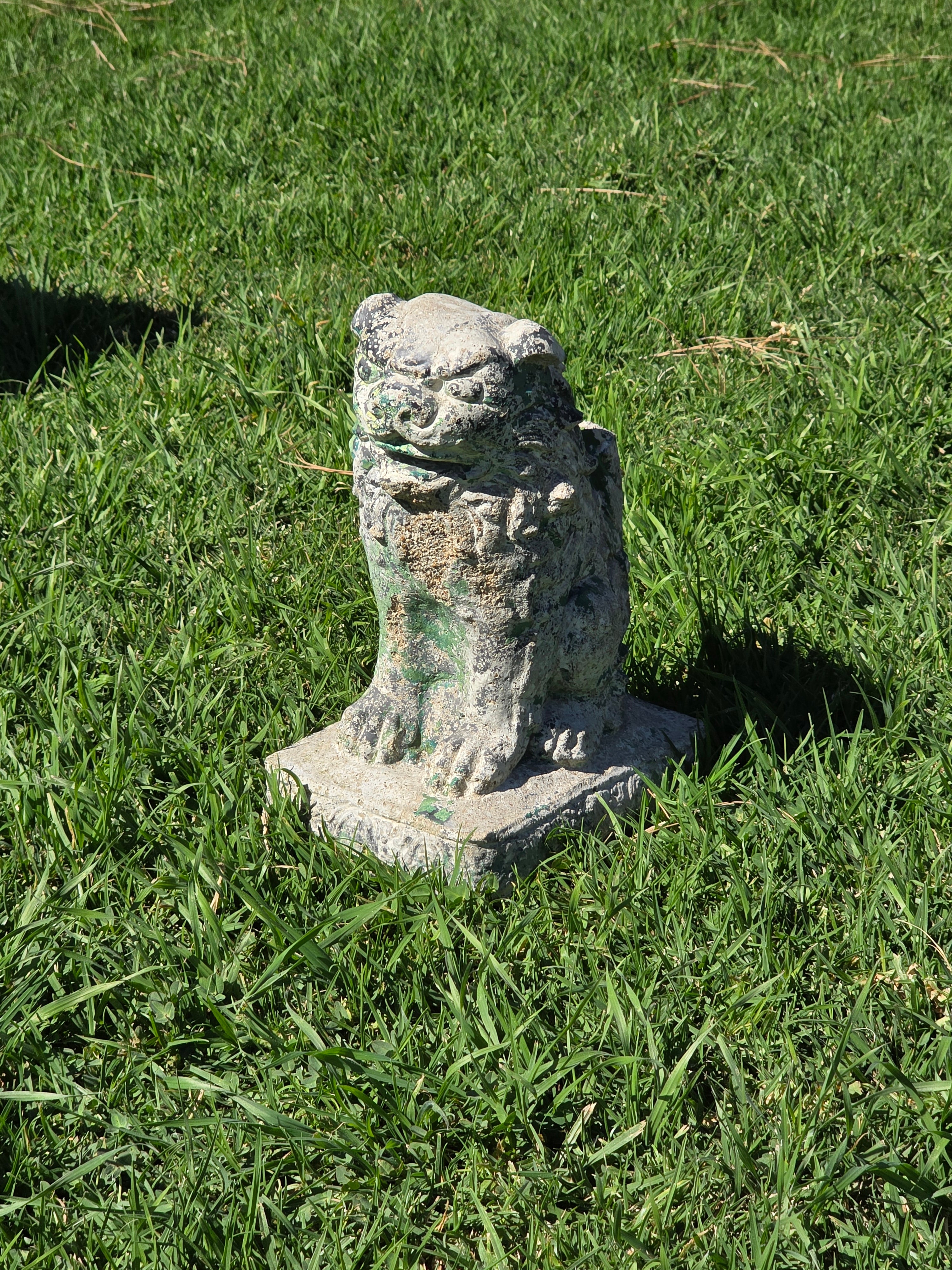 Vintage Chinese Guardian Lion Foo Dog Concrete Garden Statue 11.5in