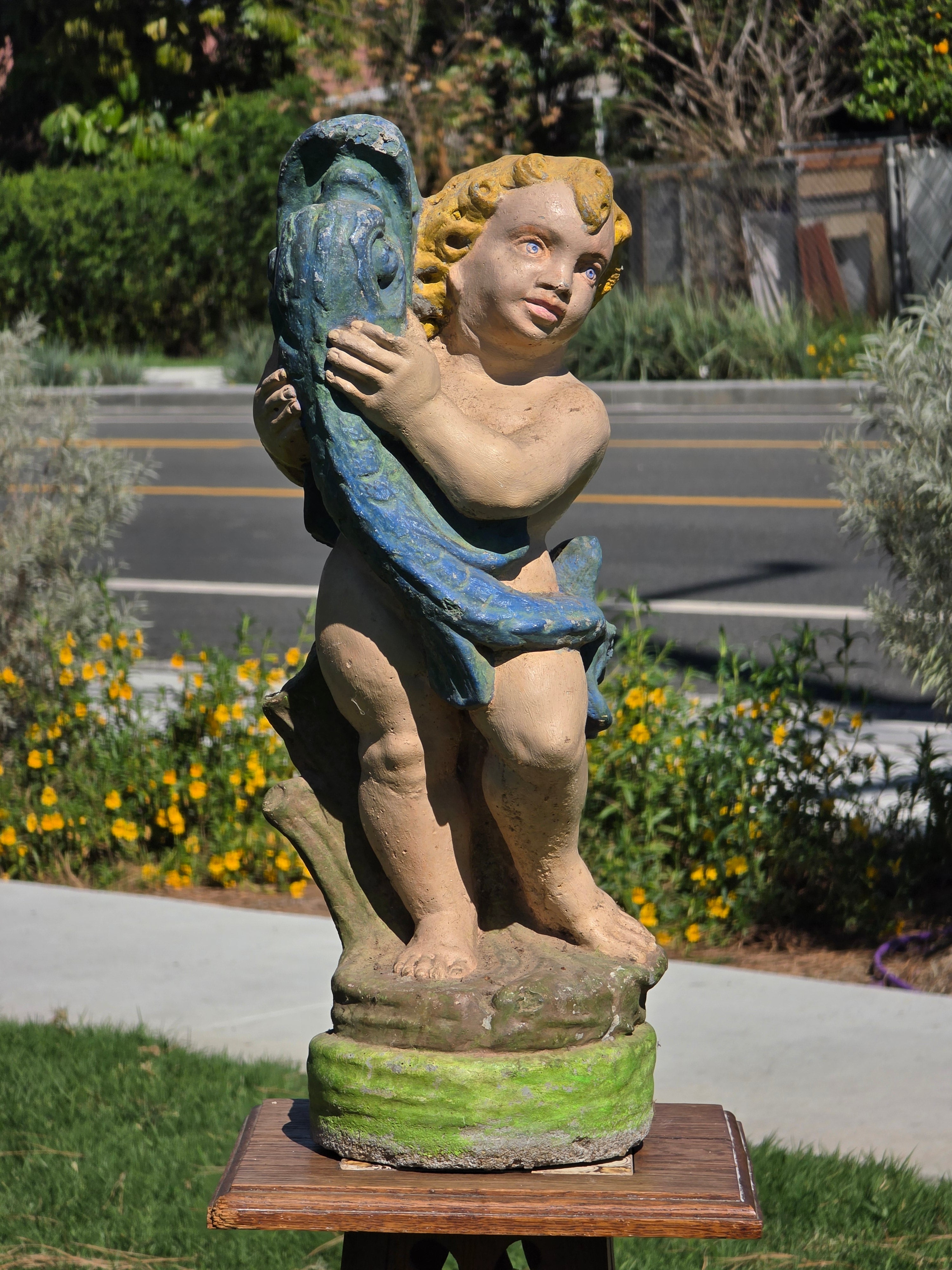 Vintage Concrete Cherub Statue Holding Fish Fountain Head Garden Ornament 22"