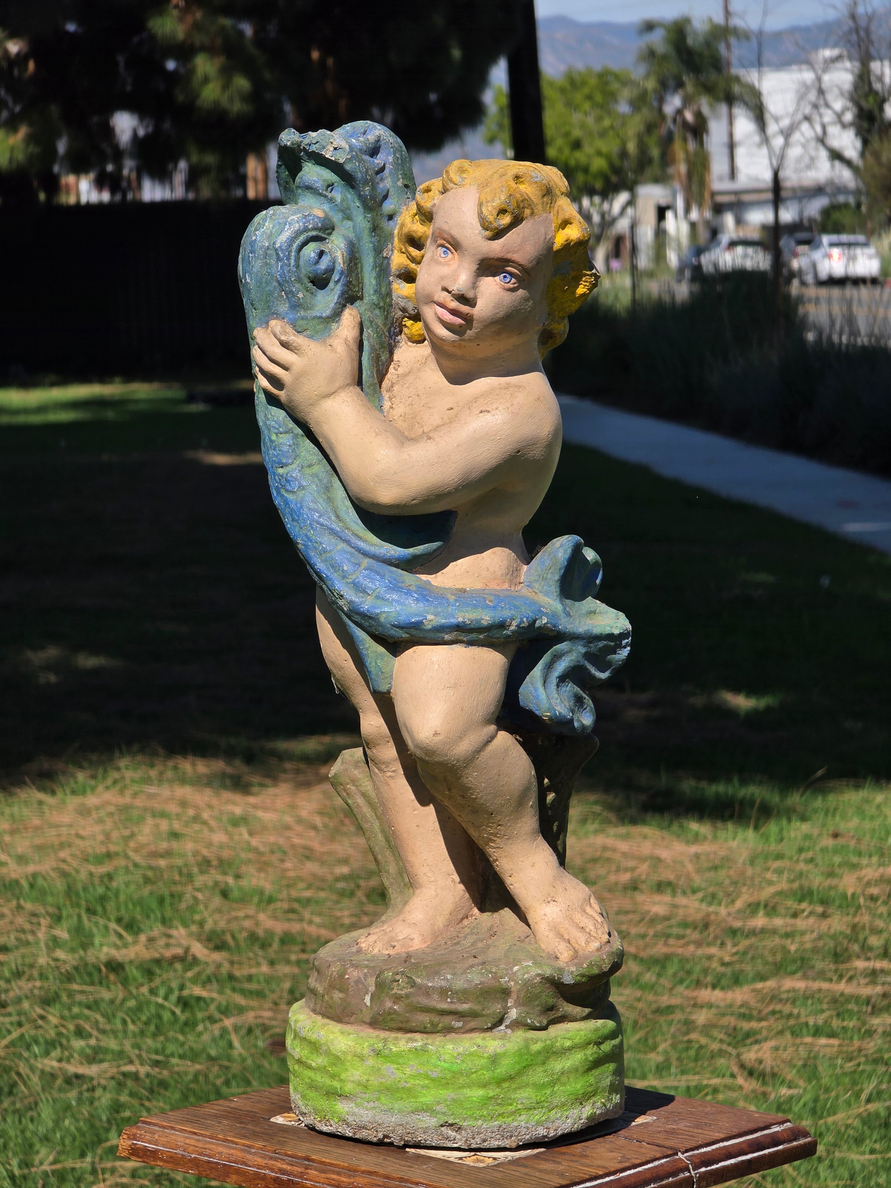 Vintage Concrete Cherub Statue Holding Fish Fountain Head Garden Ornament 22"