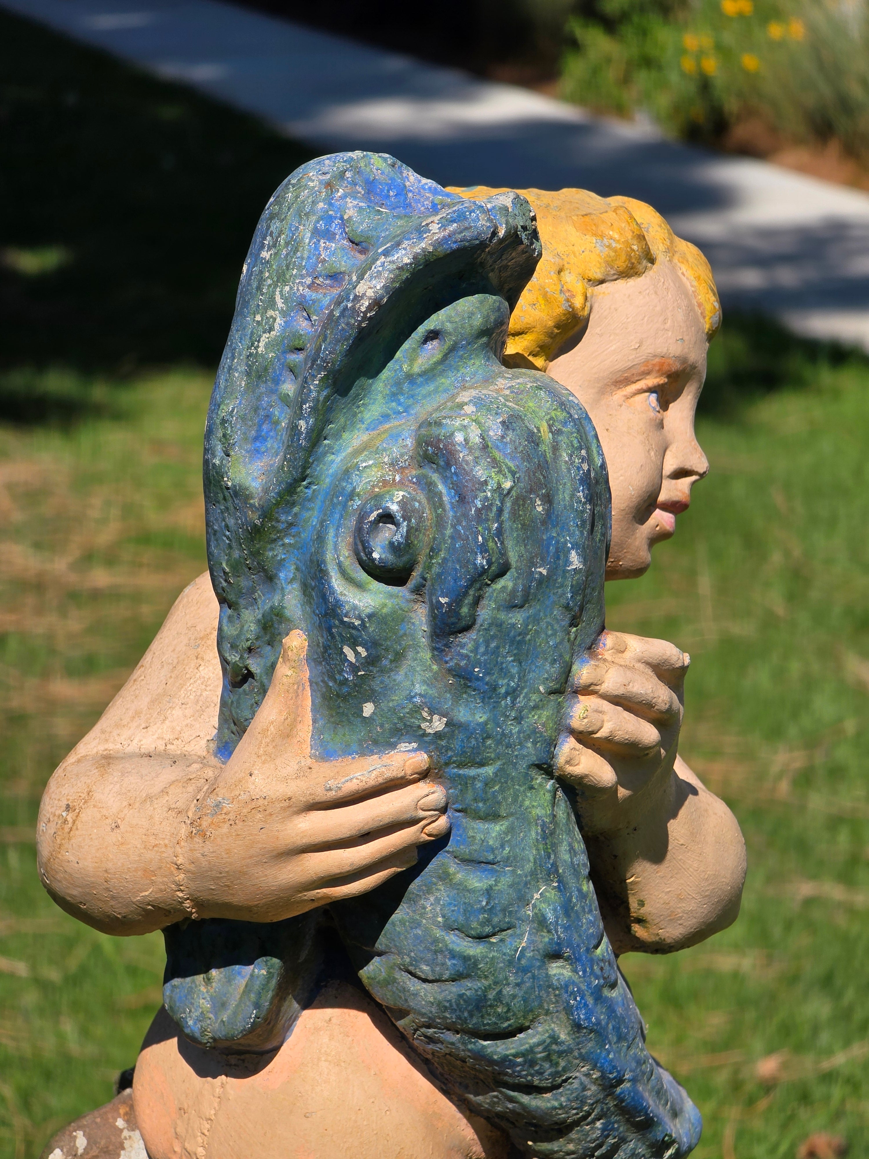 Vintage Concrete Cherub Statue Holding Fish Fountain Head Garden Ornament 22"