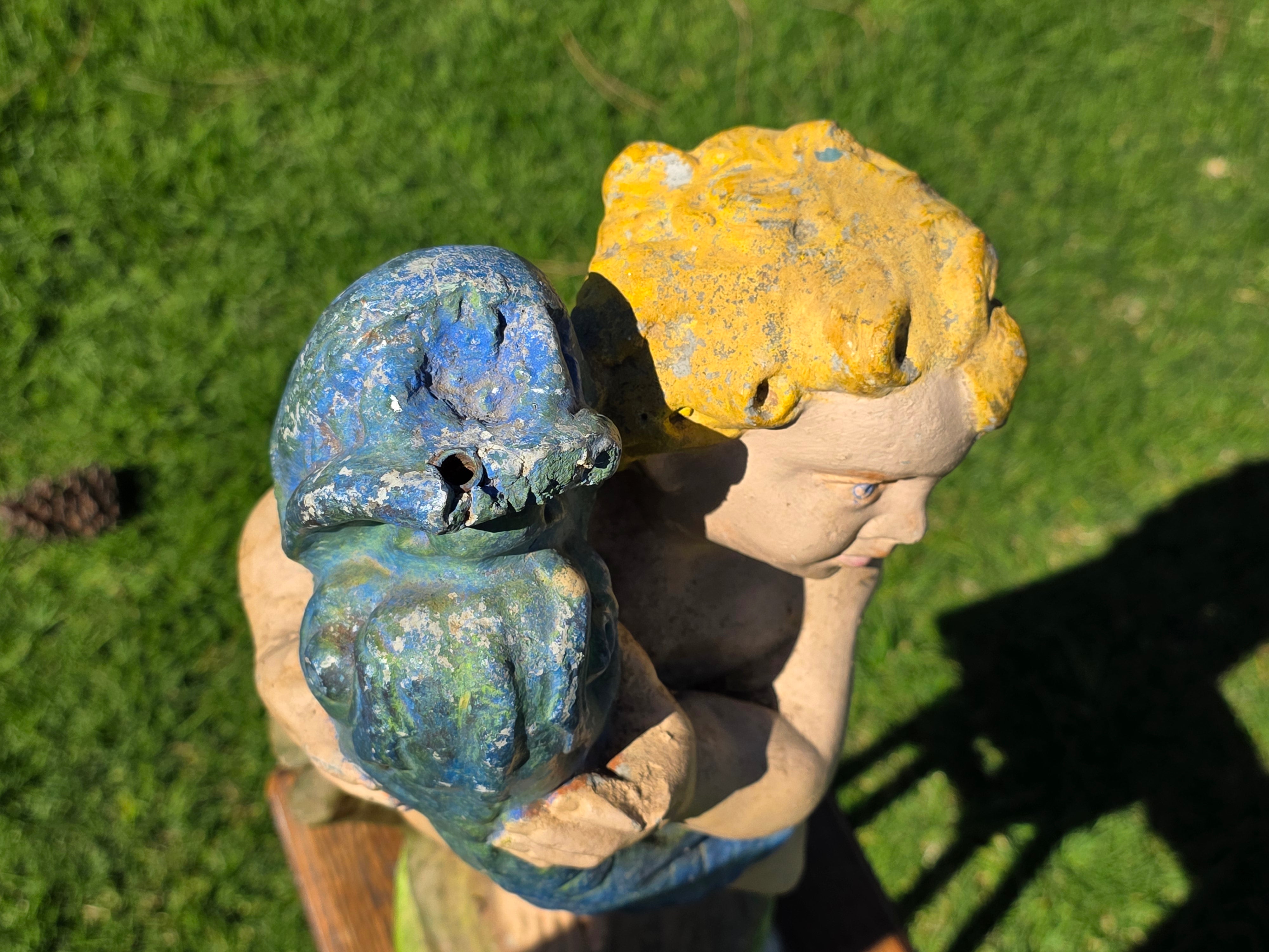 Vintage Concrete Cherub Statue Holding Fish Fountain Head Garden Ornament 22"