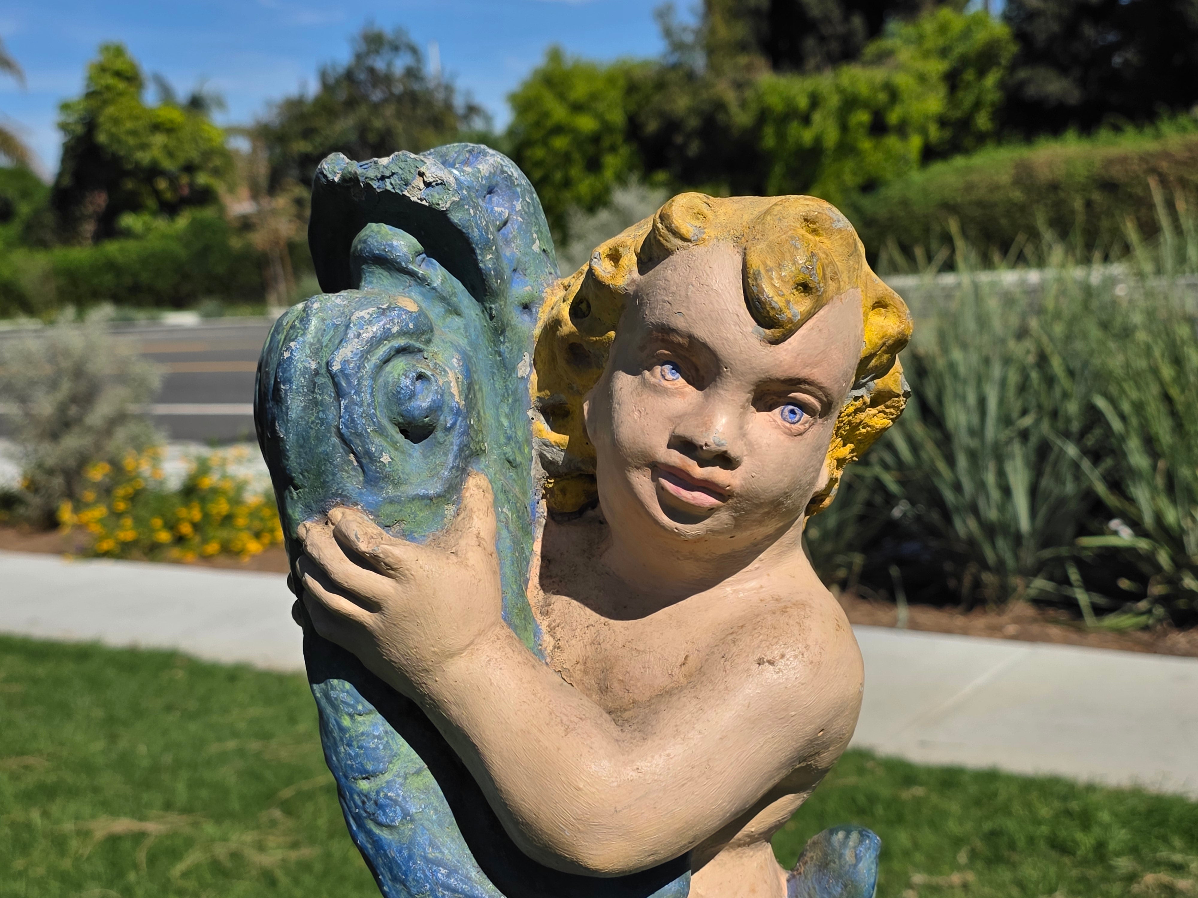 Vintage Concrete Cherub Statue Holding Fish Fountain Head Garden Ornament 22"