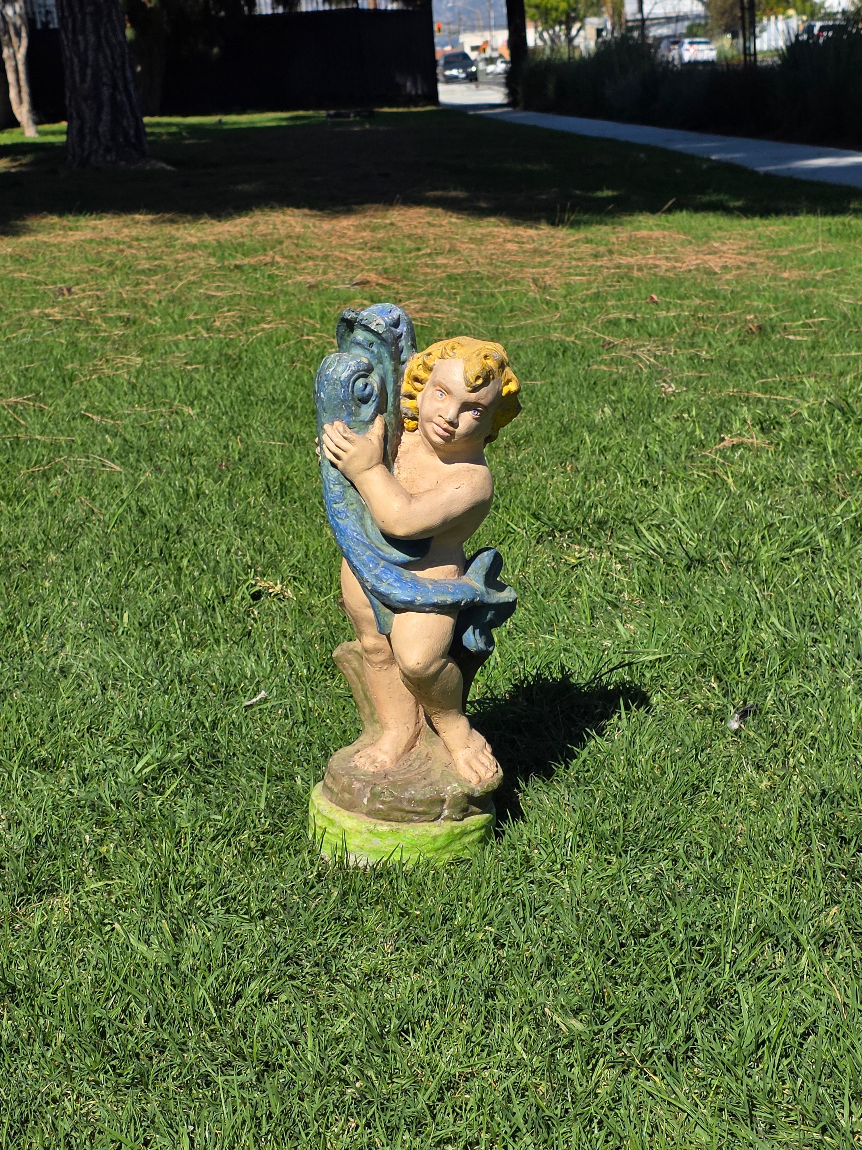 Vintage Concrete Cherub Statue Holding Fish Fountain Head Garden Ornament 22"