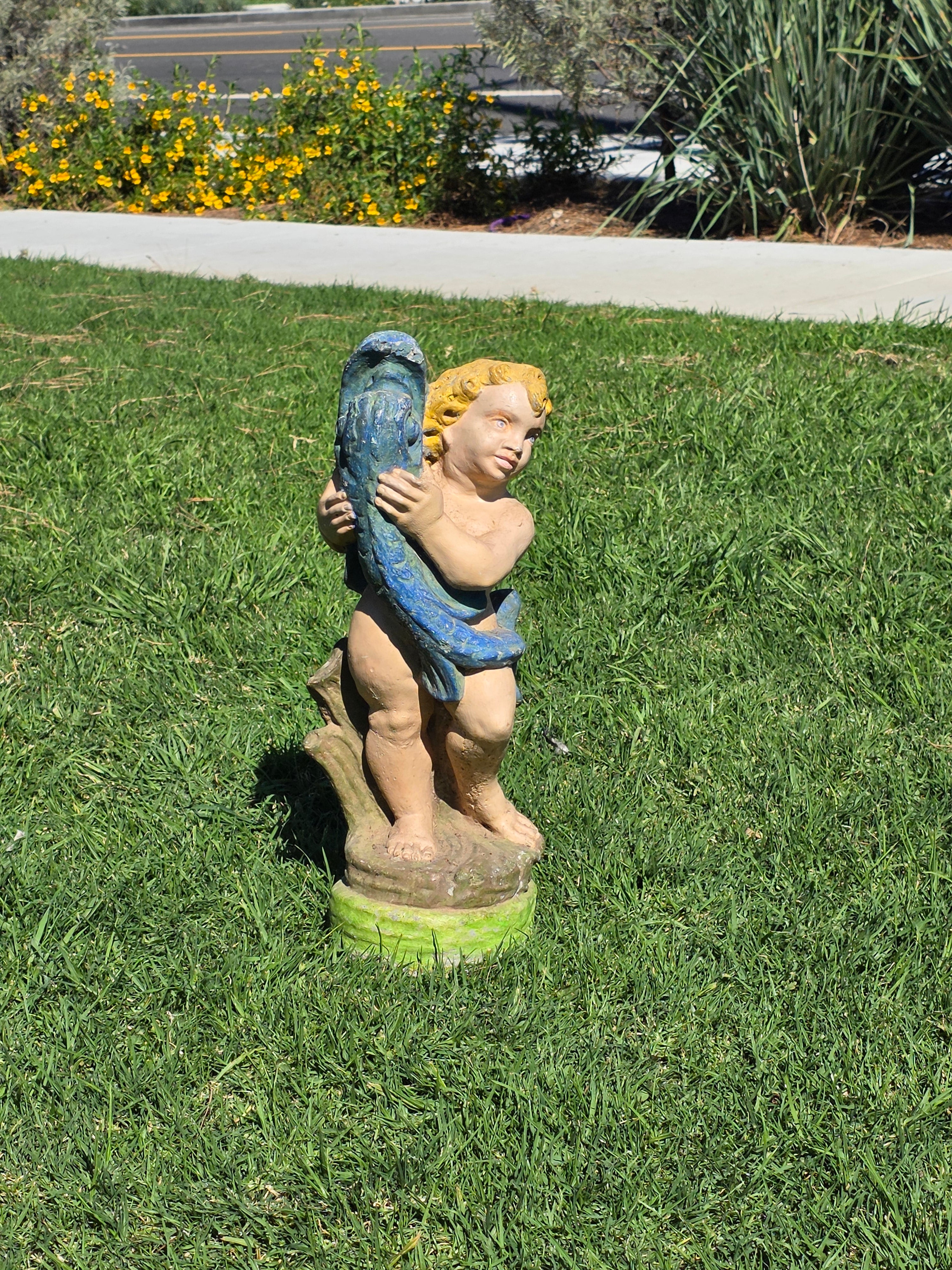 Vintage Concrete Cherub Statue Holding Fish Fountain Head Garden Ornament 22"