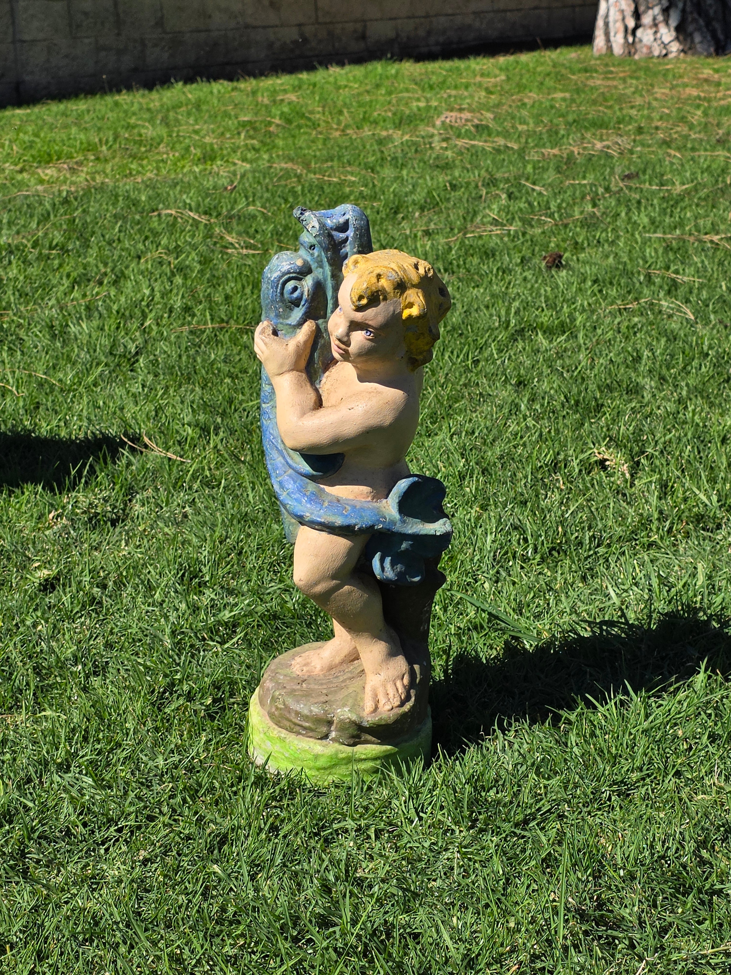 Vintage Concrete Cherub Statue Holding Fish Fountain Head Garden Ornament 22"