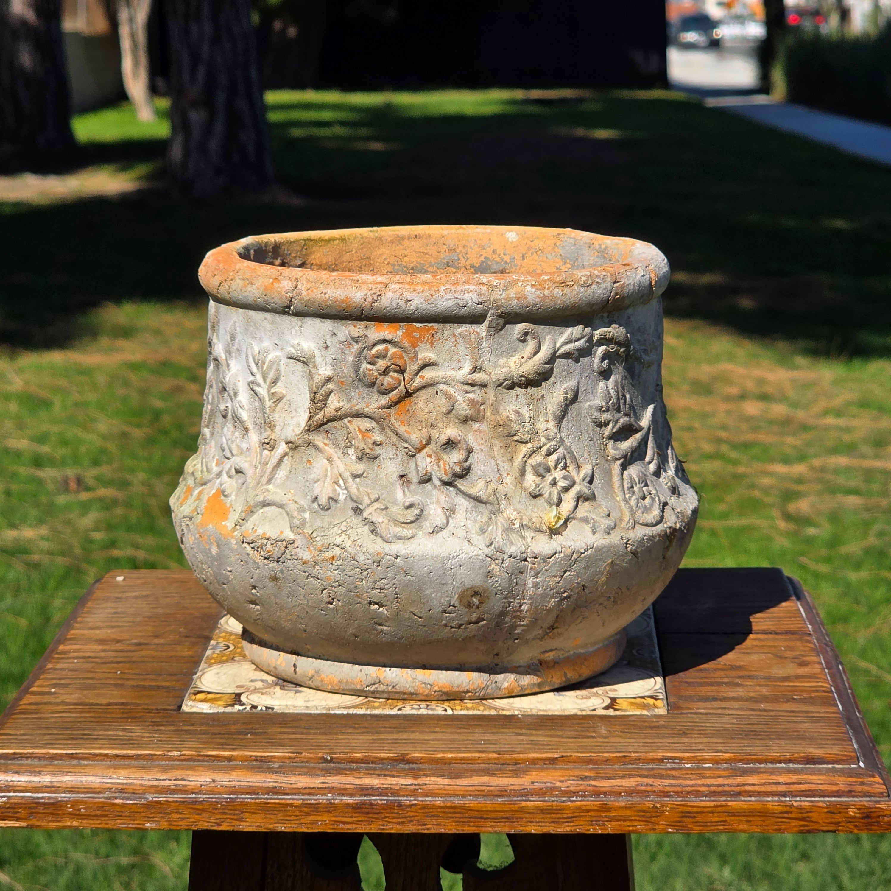Vintage Terracotta Planter Rustic Weathered Flower Pot Embossed Floral 7" Garden