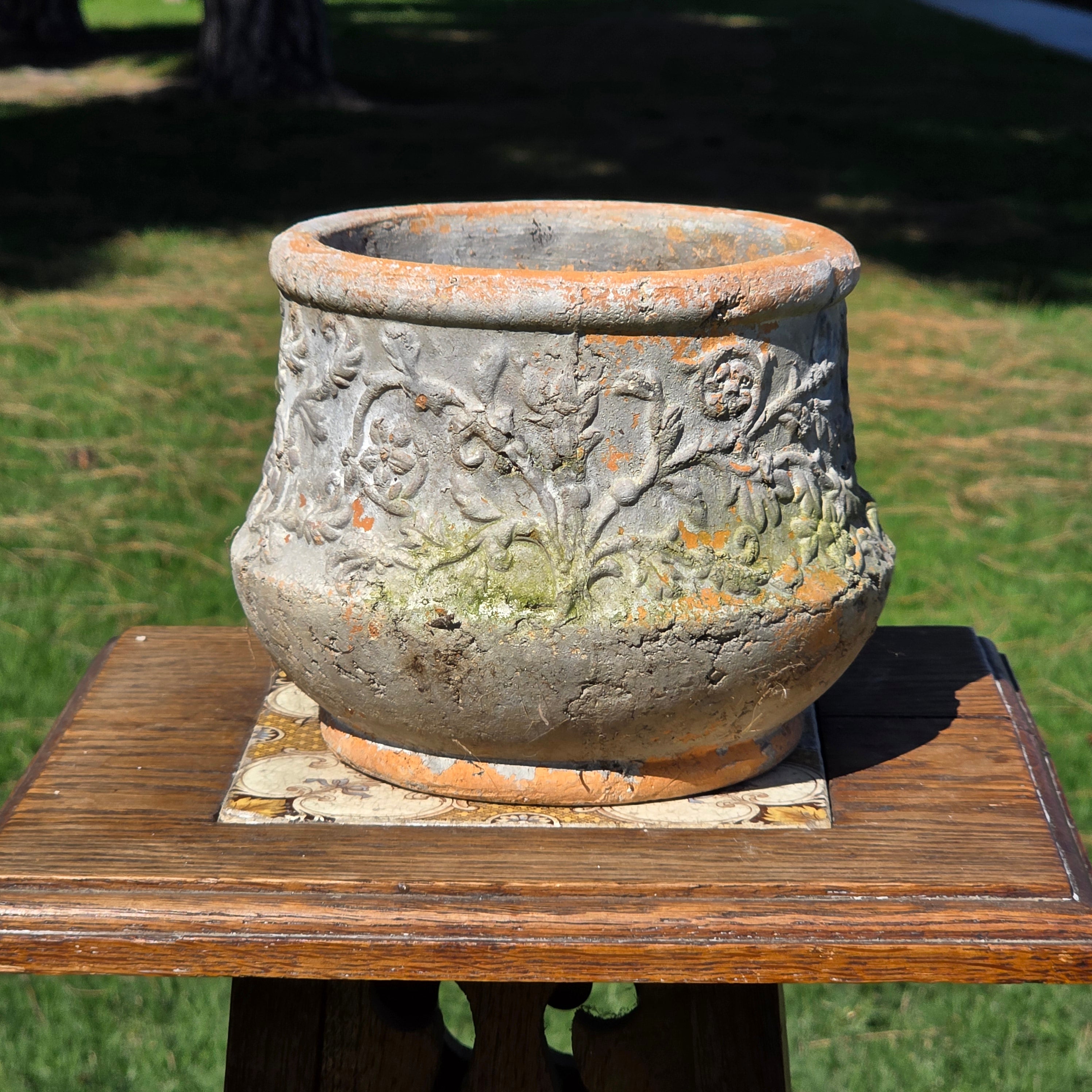 Vintage Terracotta Planter Rustic Weathered Flower Pot Embossed Floral 7" Garden
