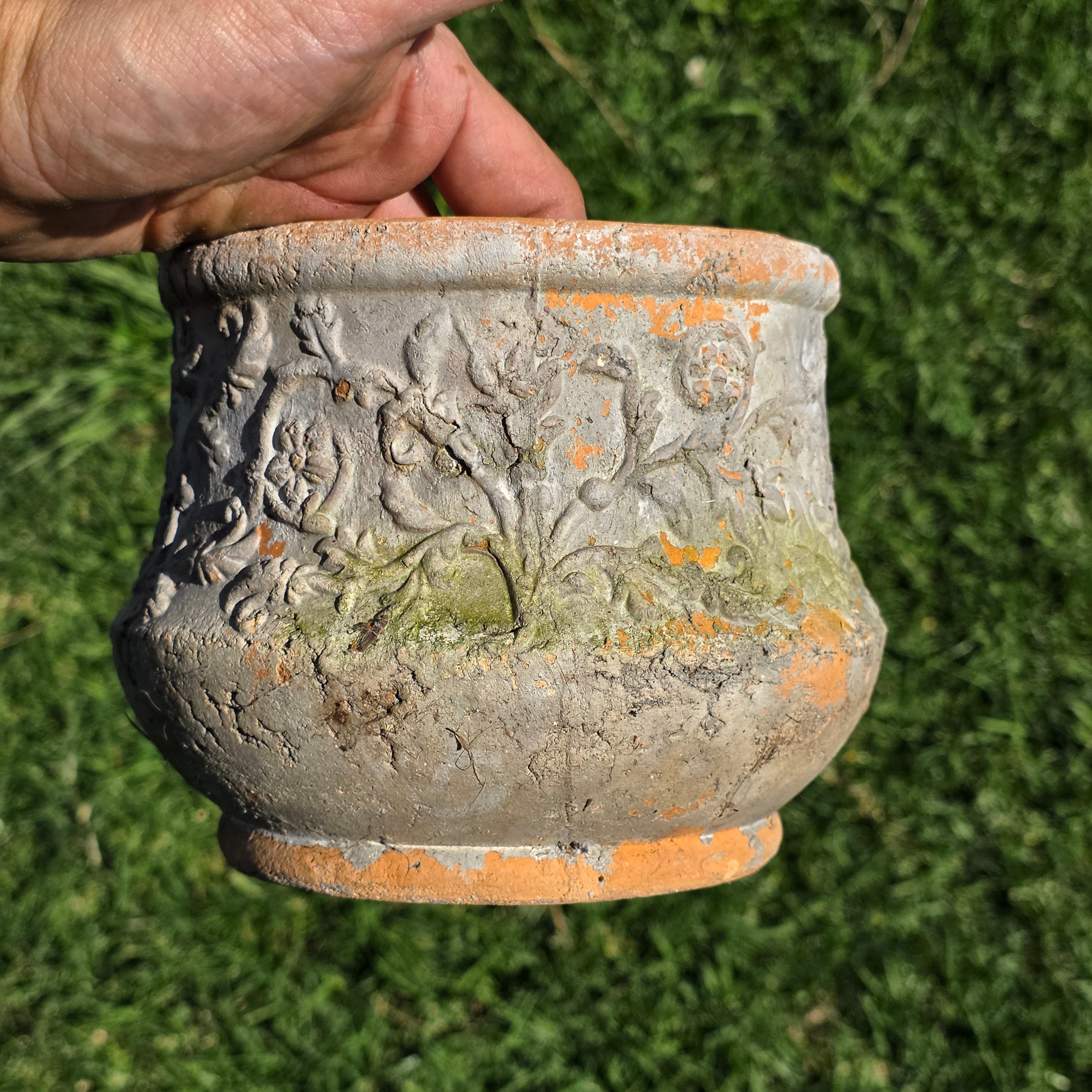 Vintage Terracotta Planter Rustic Weathered Flower Pot Embossed Floral 7" Garden