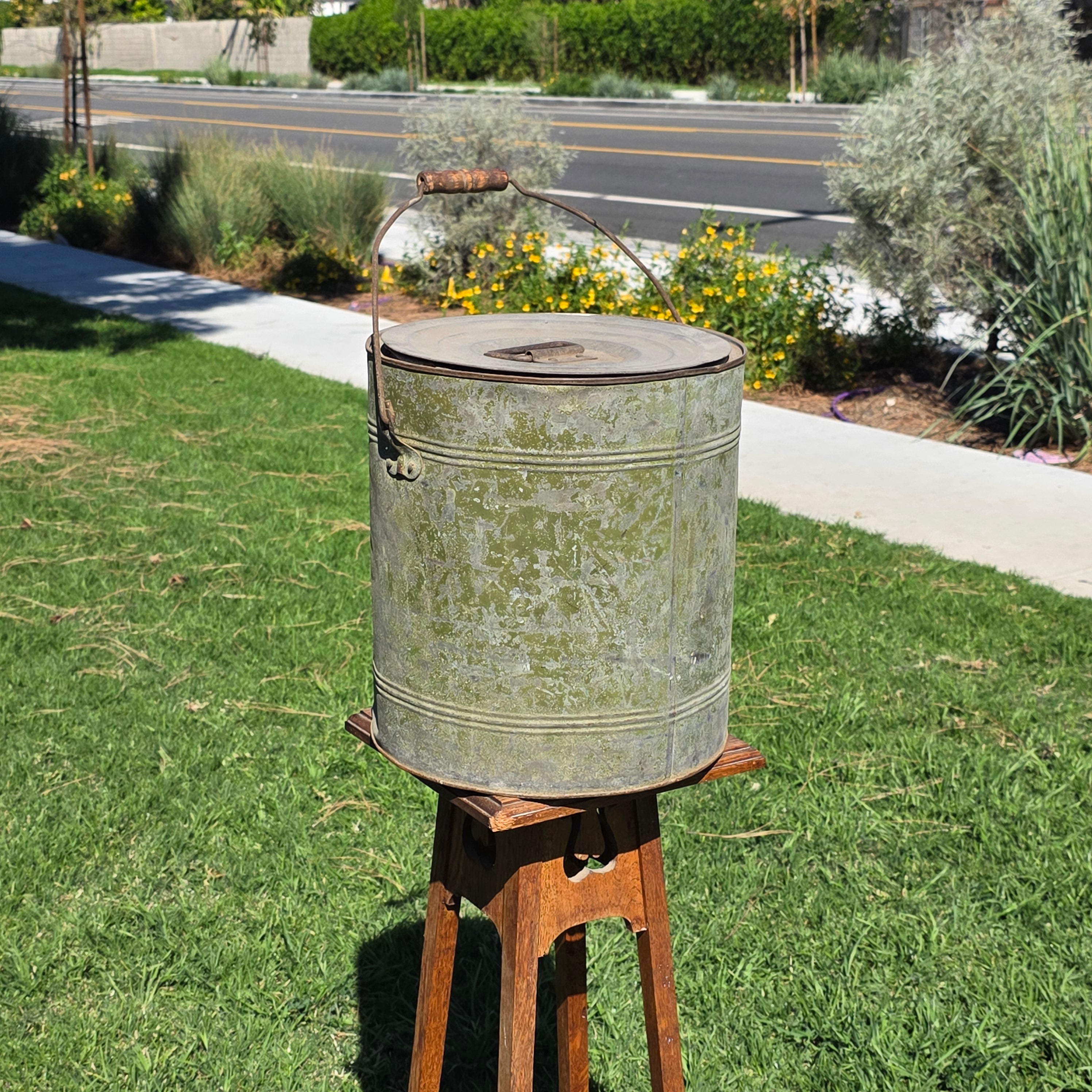 Vintage Industrial Galvanized Steel Canister Lid Heavy 11lb Smoker Planter 14"H