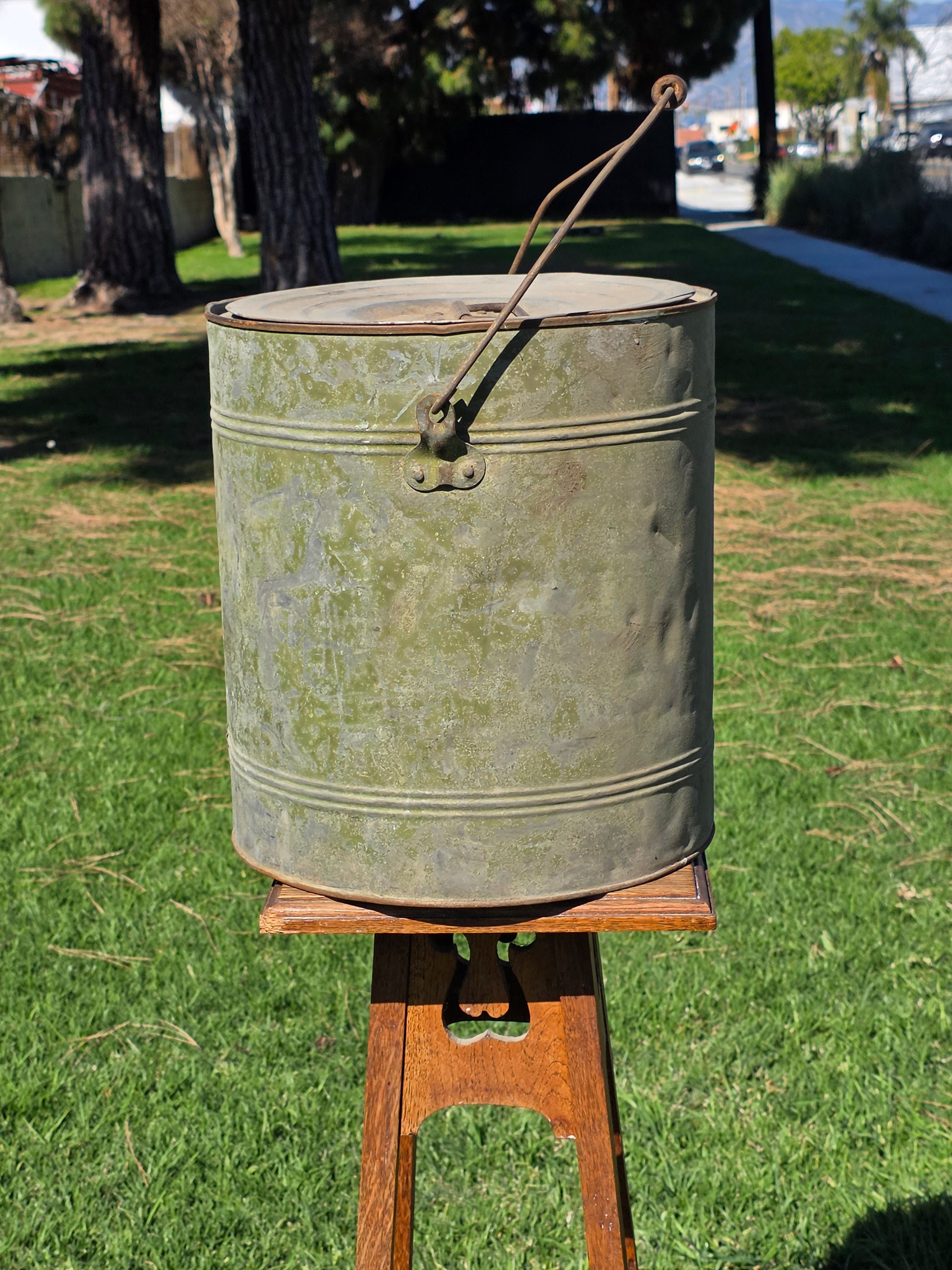 Vintage Industrial Galvanized Steel Canister Lid Heavy 11lb Smoker Planter 14"H