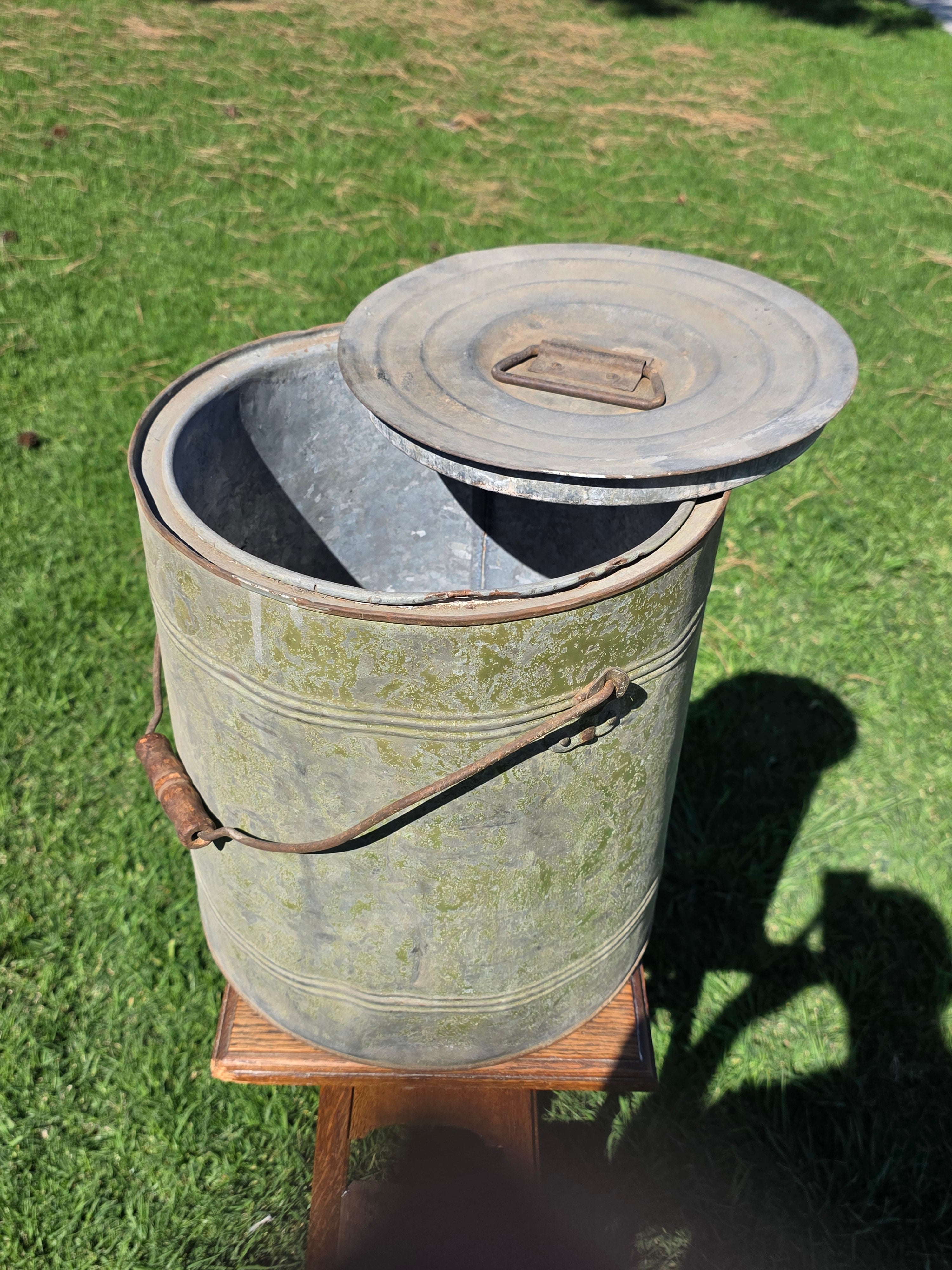 Vintage Industrial Galvanized Steel Canister Lid Heavy 11lb Smoker Planter 14"H