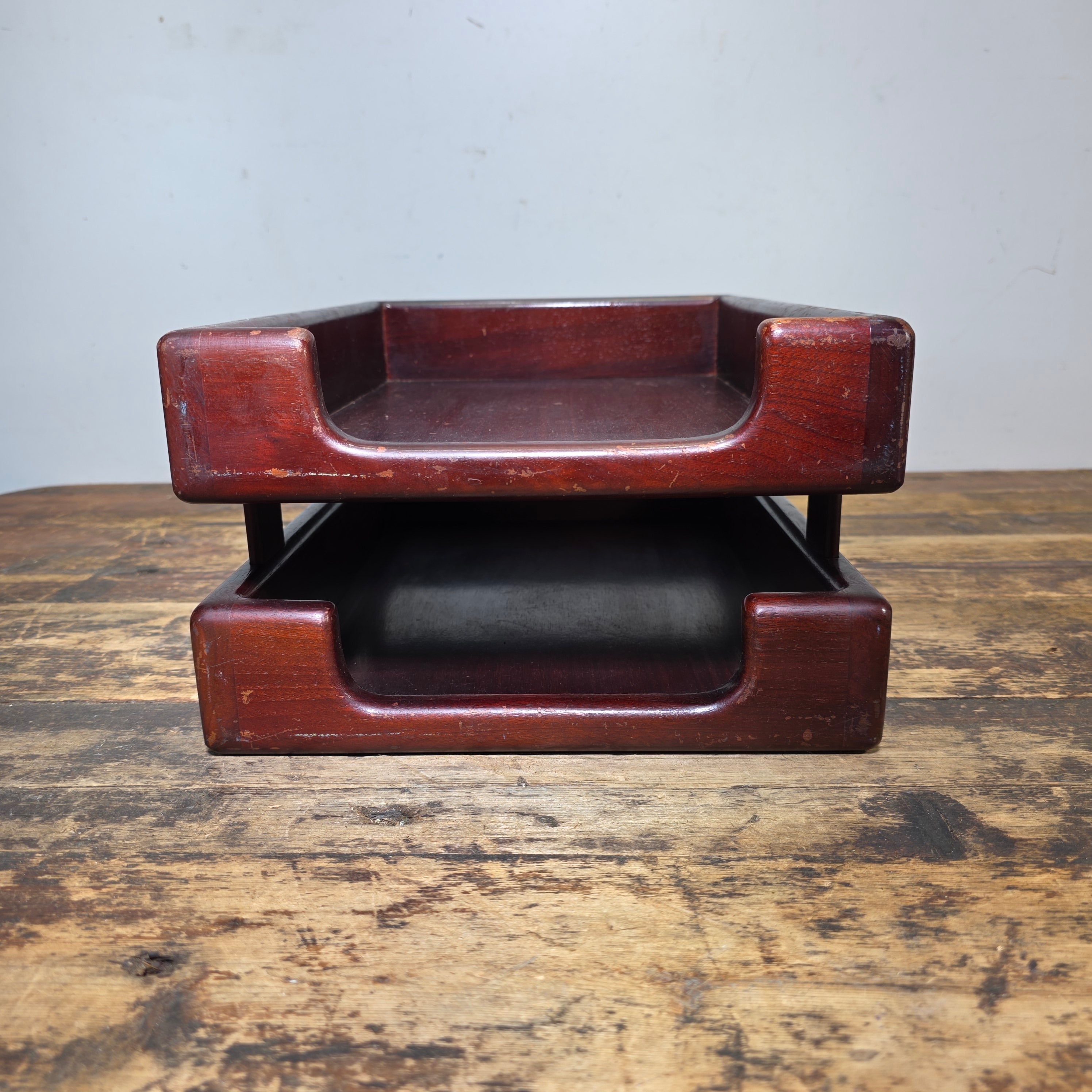 Vintage Wood 2 Tier Letter Tray Desk Organizer Mid Century Modern Rustic Style