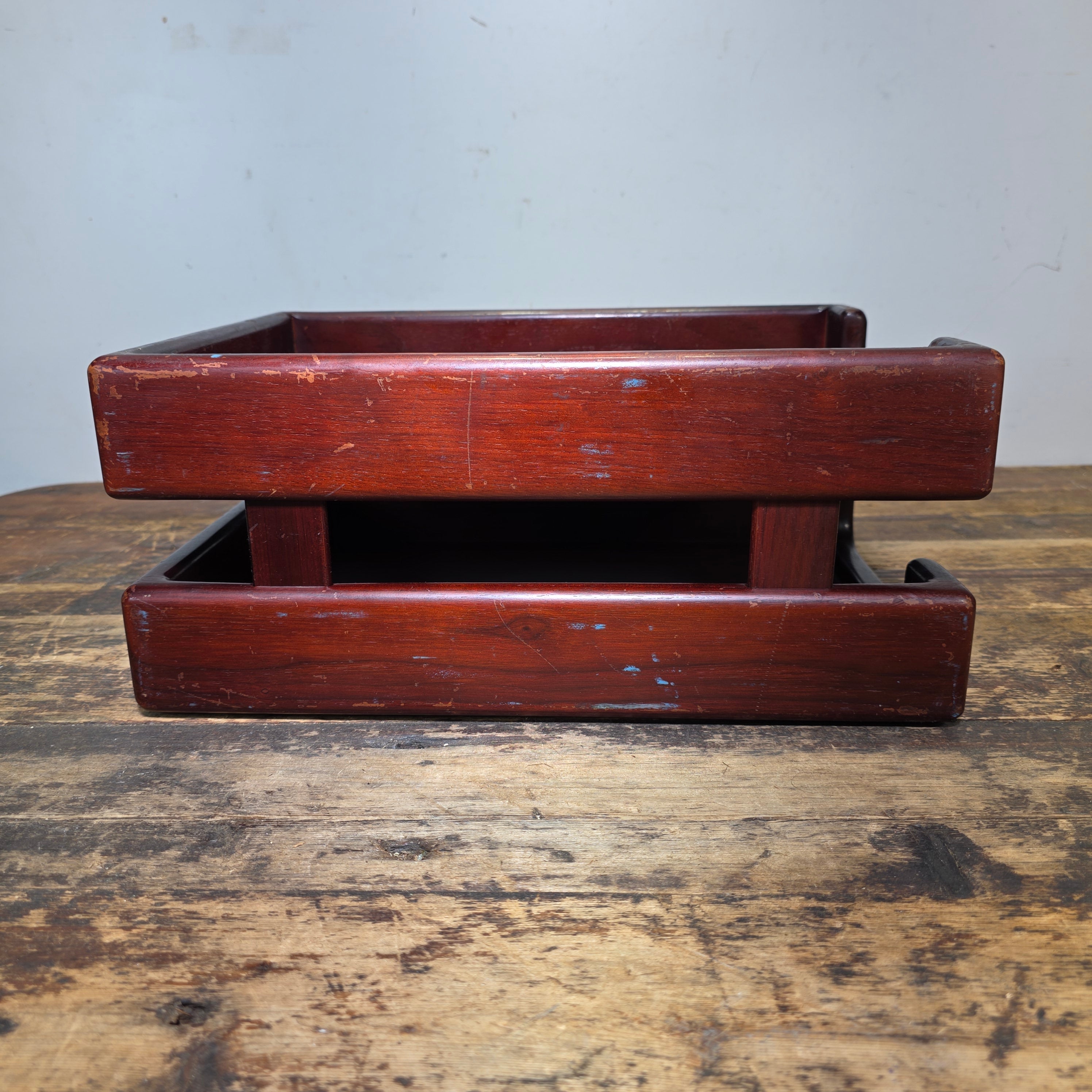 Vintage Wood 2 Tier Letter Tray Desk Organizer Mid Century Modern Rustic Style