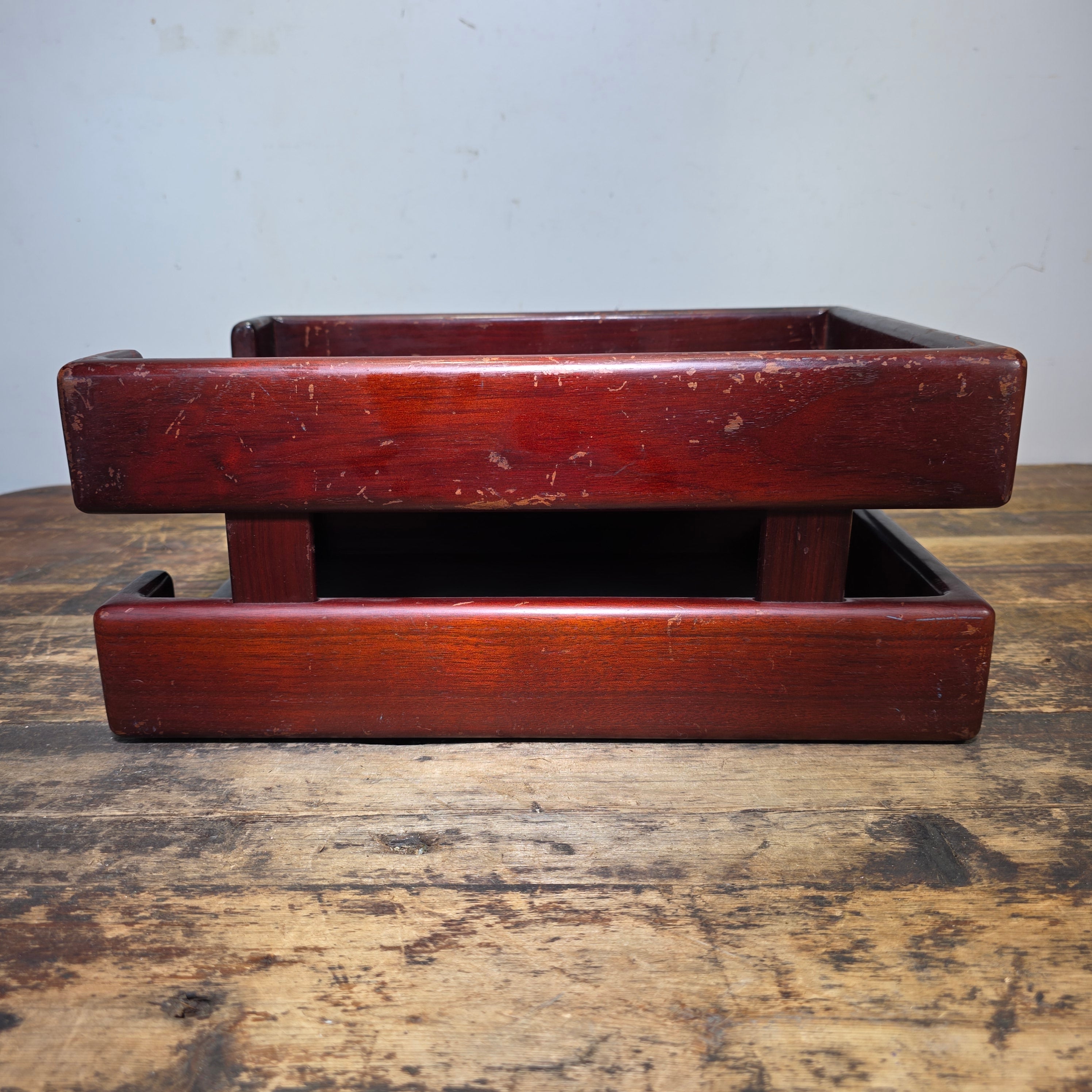 Vintage Wood 2 Tier Letter Tray Desk Organizer Mid Century Modern Rustic Style