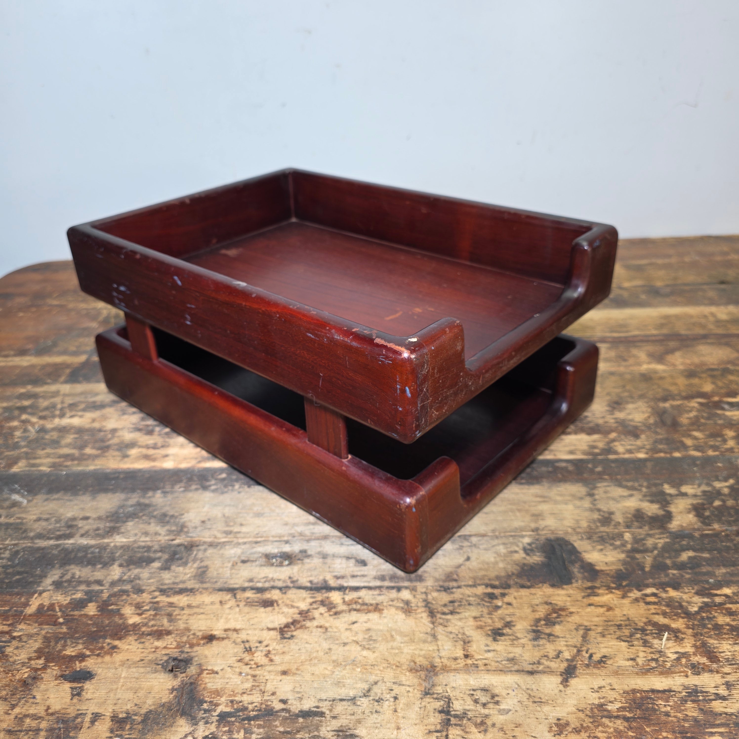 Vintage Wood 2 Tier Letter Tray Desk Organizer Mid Century Modern Rustic Style (Copy)