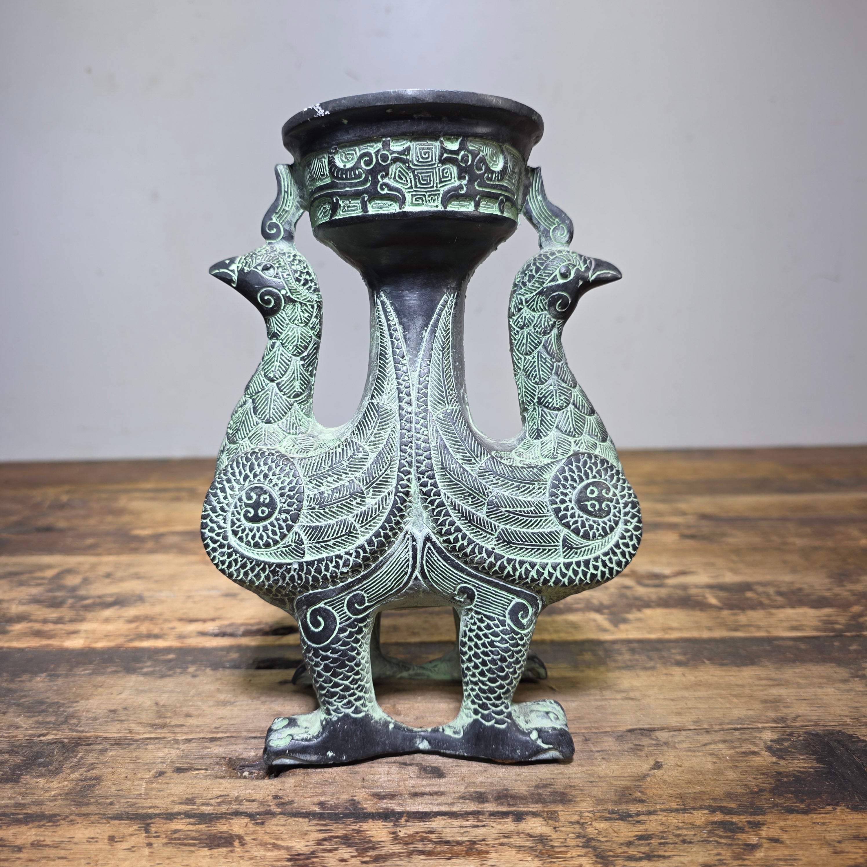 Vintage Chinese Bronze Phoenix Bird Vase Ritual Style Vessel No Lid 8.5"H