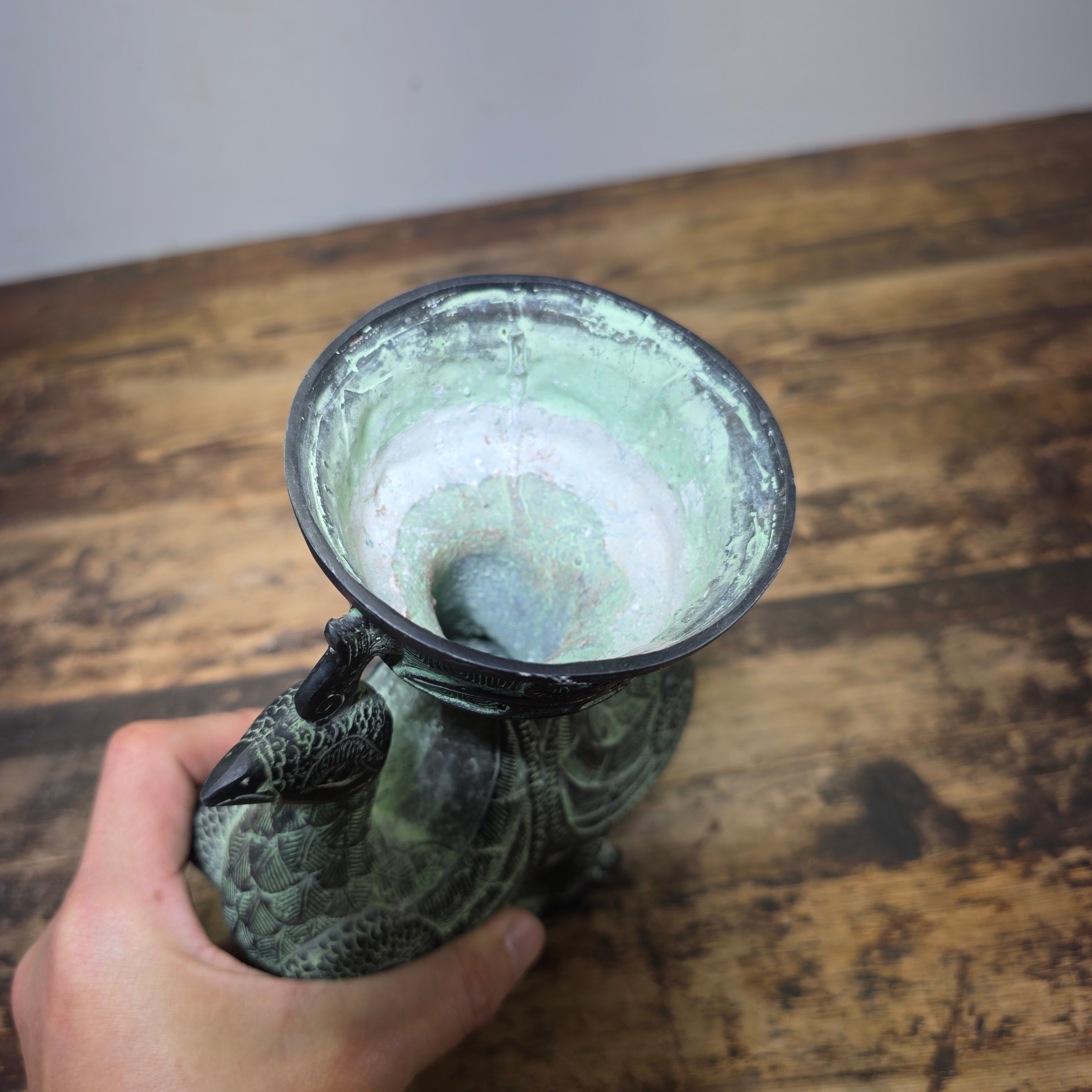 Vintage Chinese Bronze Phoenix Bird Vase Ritual Style Vessel No Lid 8.5"H