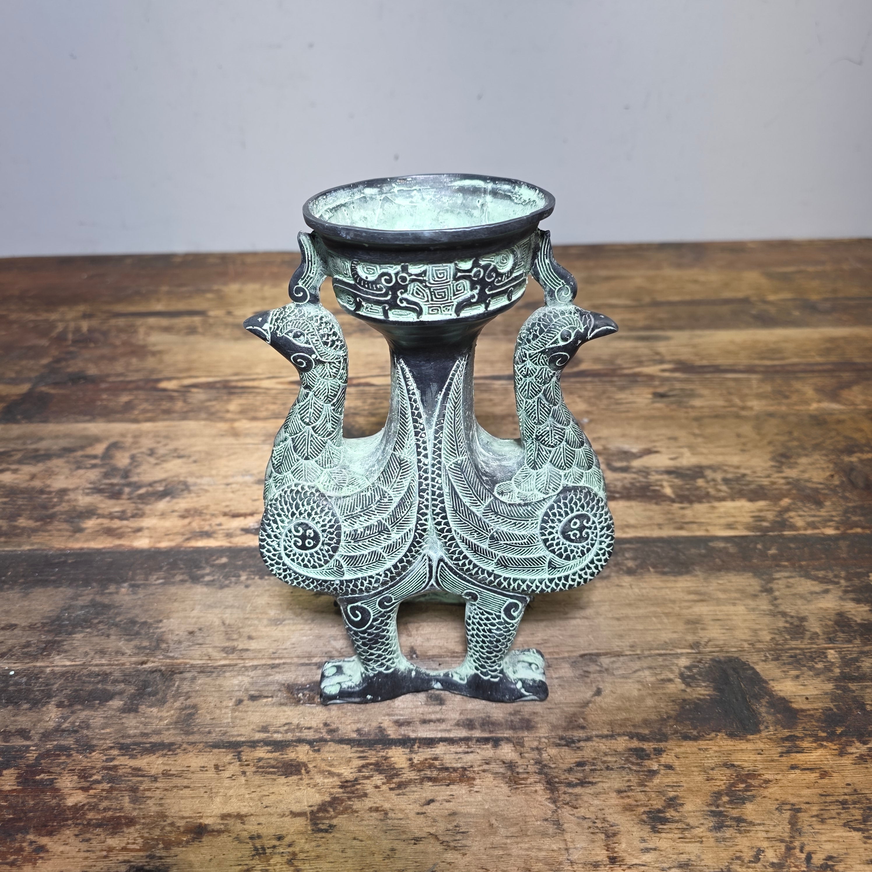Vintage Chinese Bronze Phoenix Bird Vase Ritual Style Vessel No Lid 8.5"H