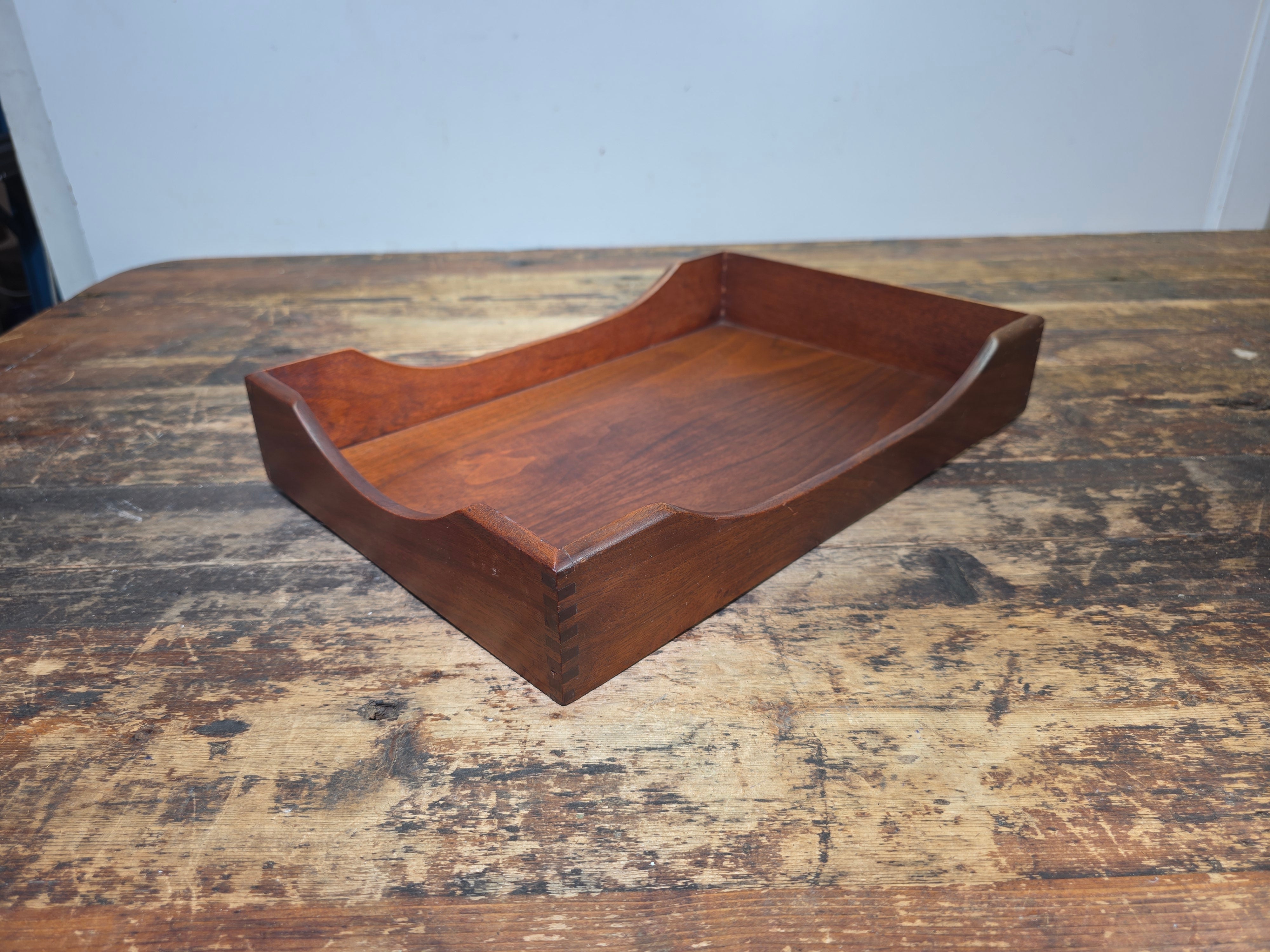 Vintage Walnut Wood Letter Tray MCM Dovetail Joint Scalloped Desk 1960s