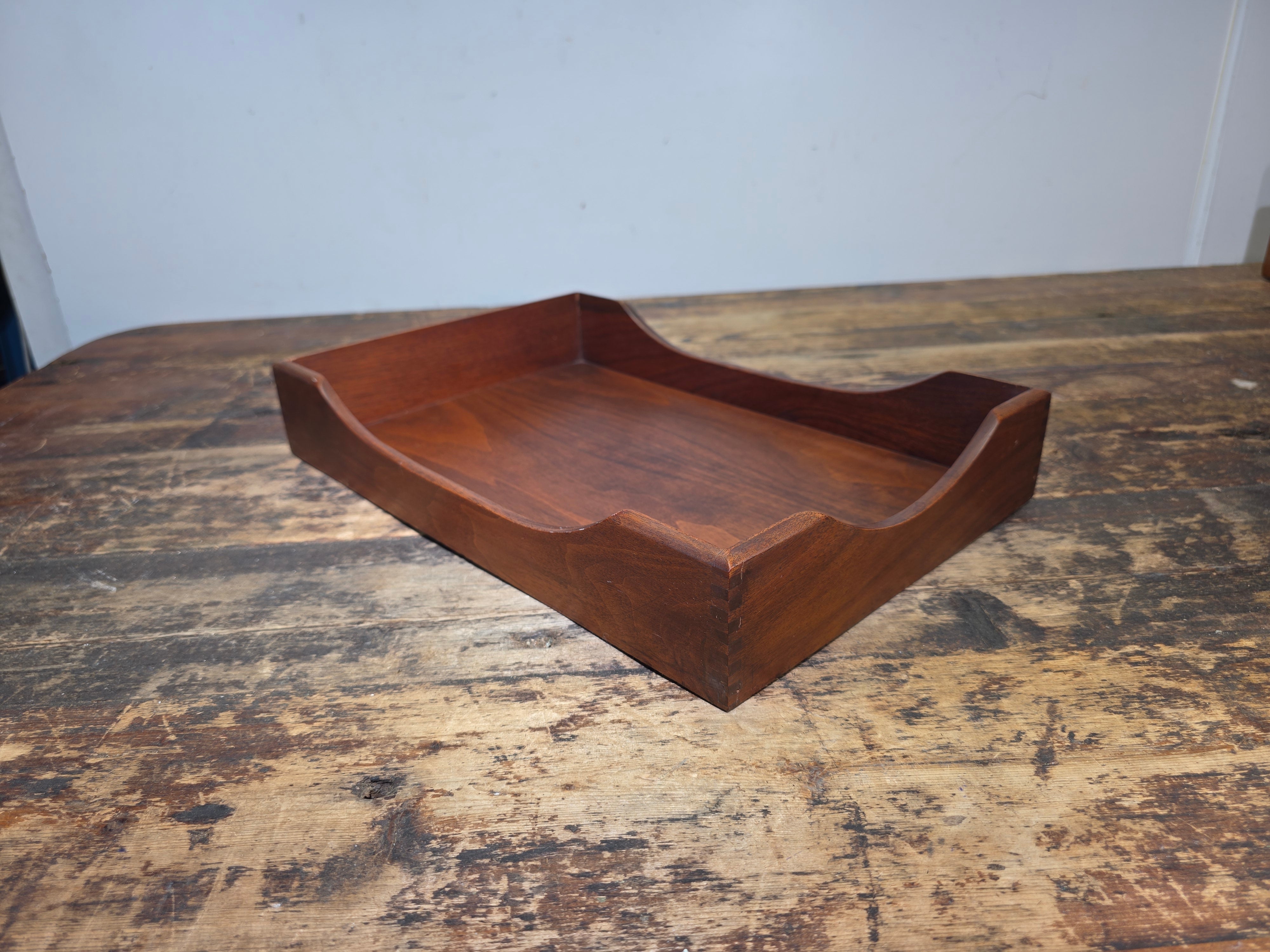 Vintage Walnut Wood Letter Tray MCM Dovetail Joint Scalloped Desk 1960s