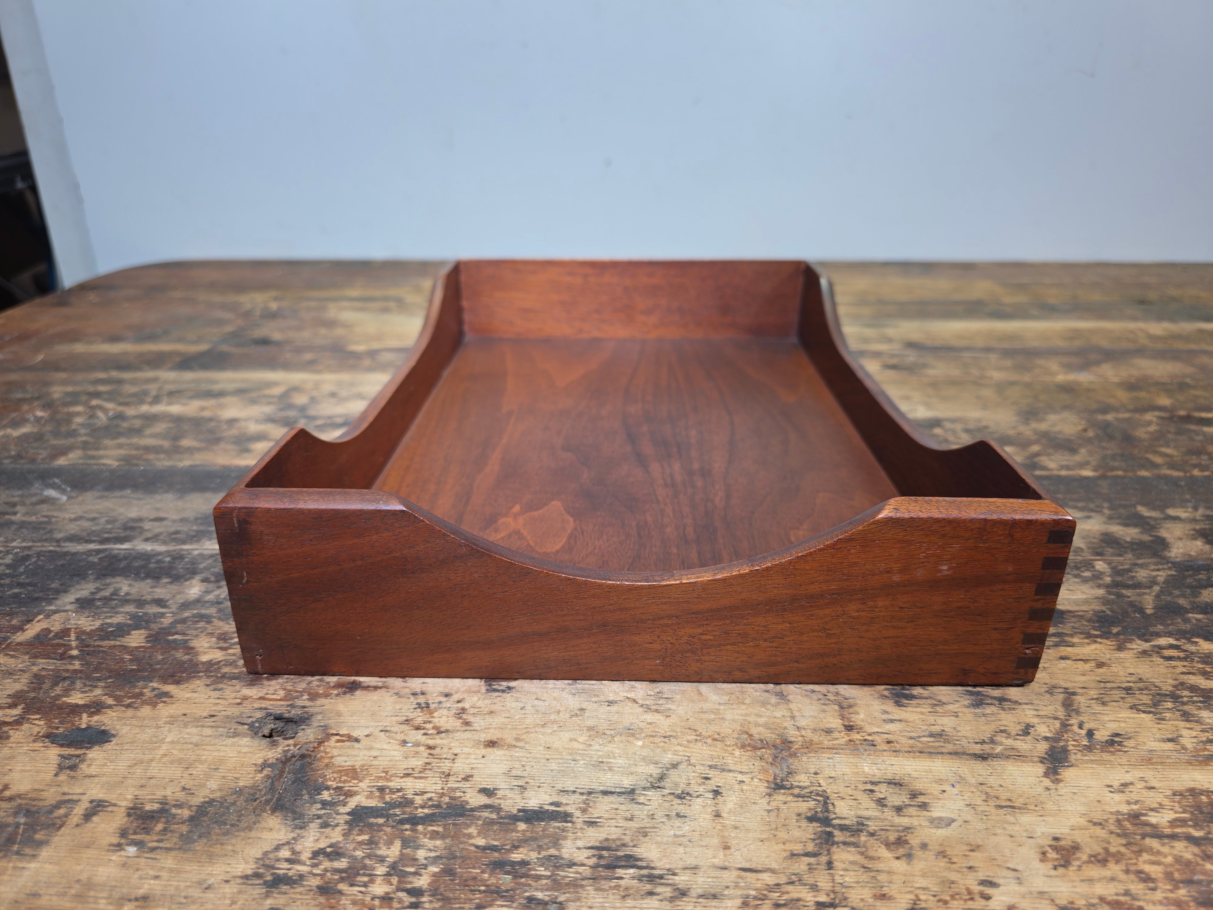 Vintage Walnut Wood Letter Tray MCM Dovetail Joint Scalloped Desk 1960s