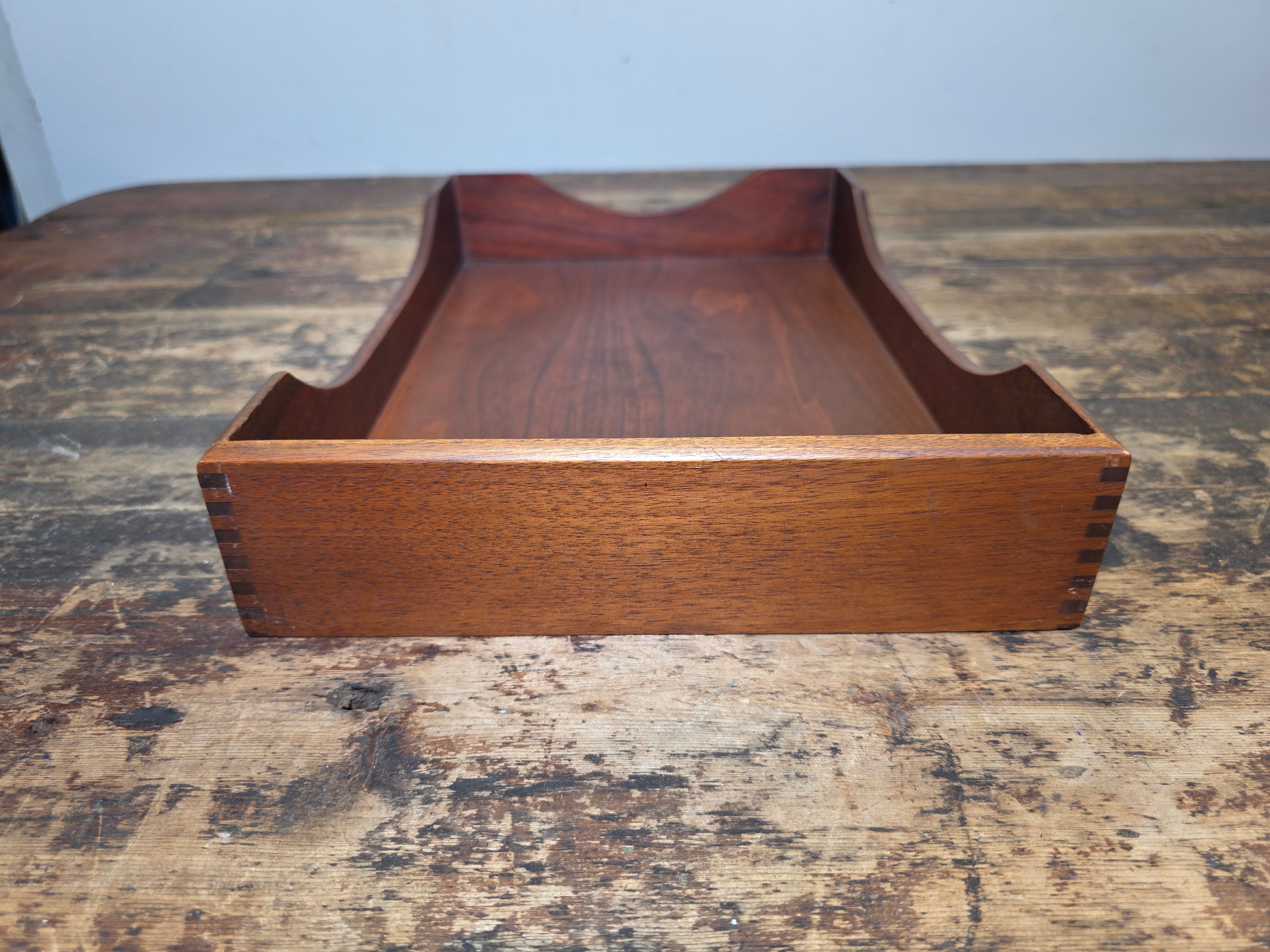 Vintage Walnut Wood Letter Tray MCM Dovetail Joint Scalloped Desk 1960s