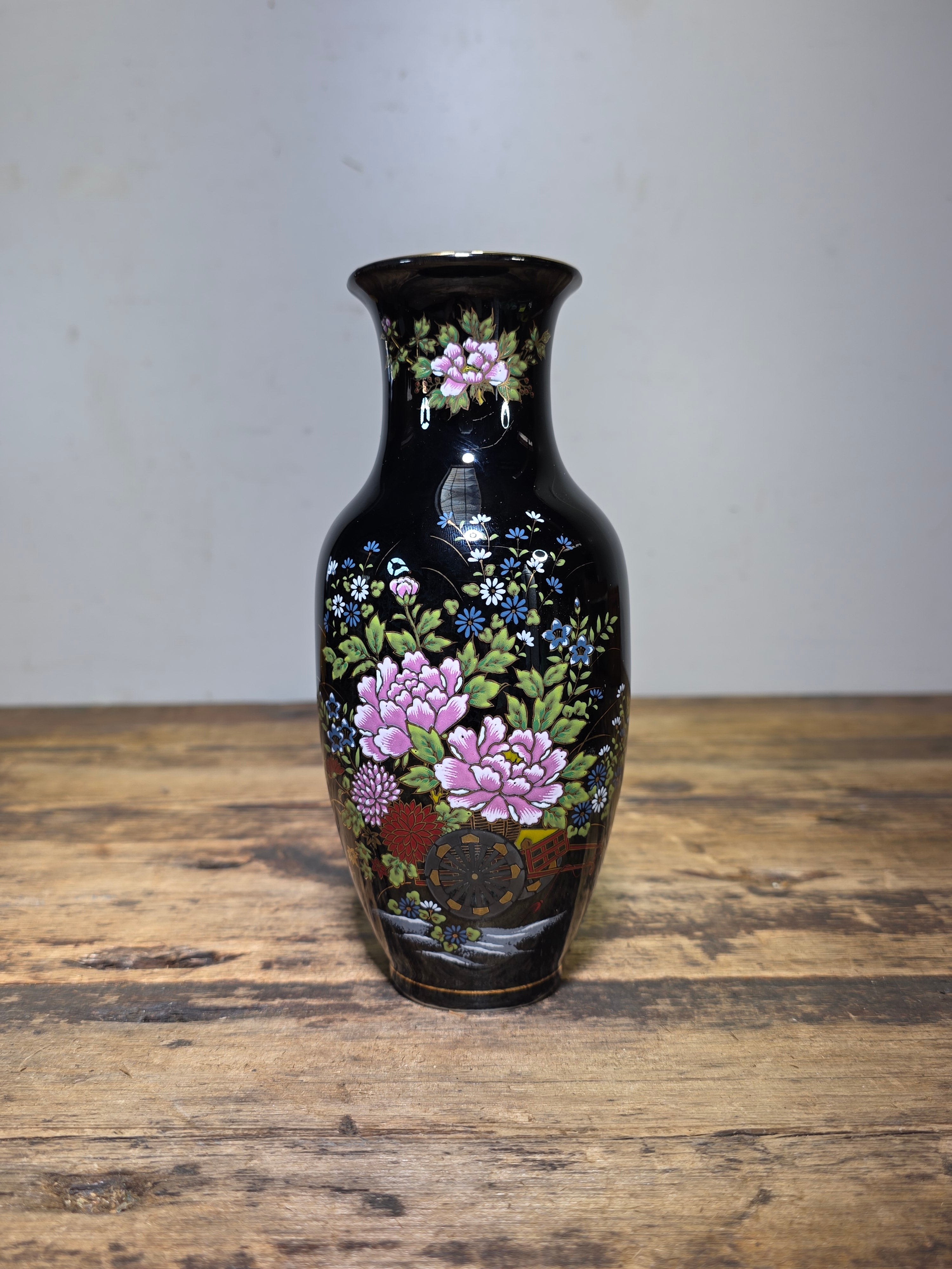 Vintage Imperial Kutani Black Gold Flower Vase Peony Cart Motif Japan Porcelain