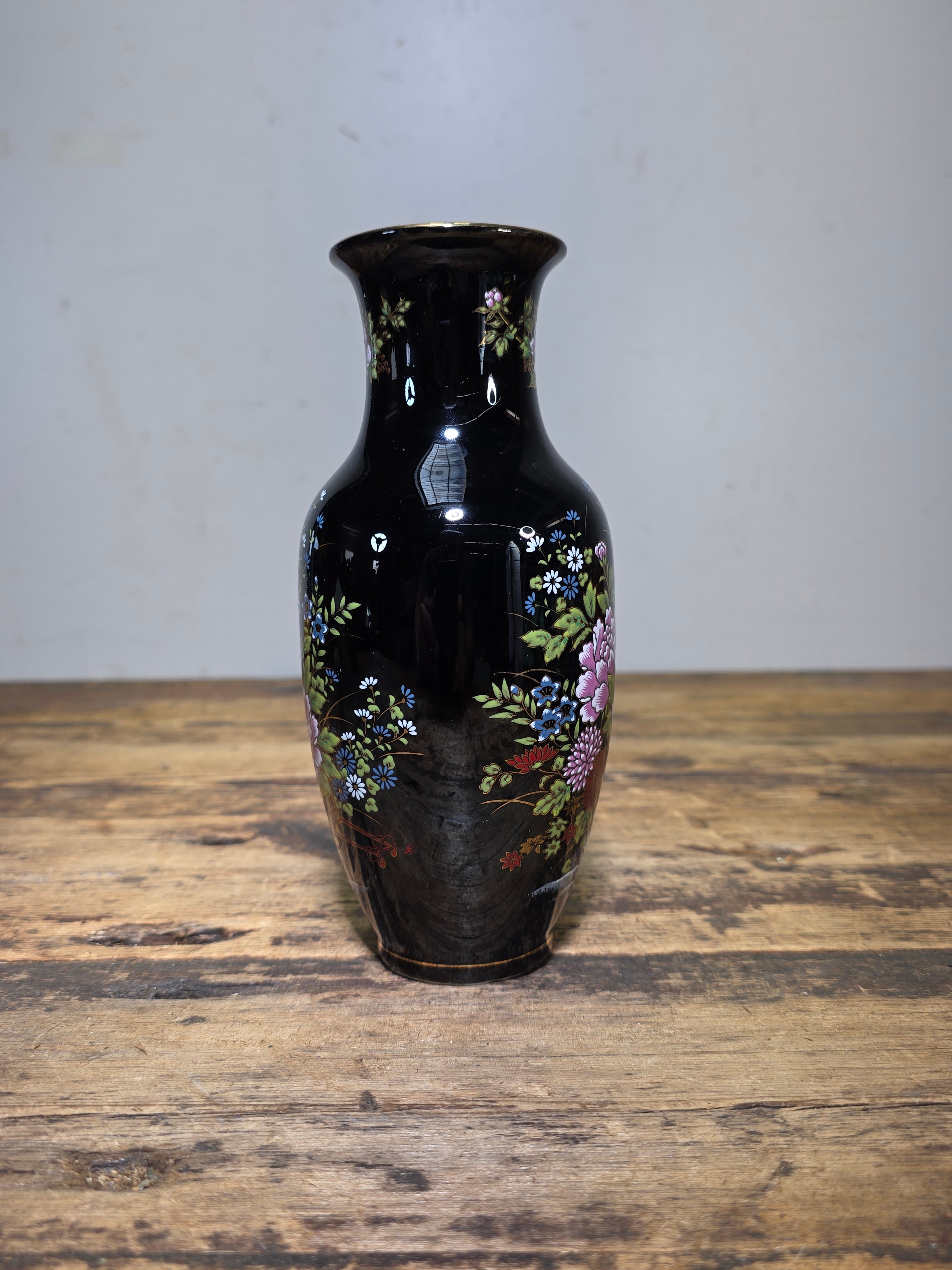 Vintage Imperial Kutani Black Gold Flower Vase Peony Cart Motif Japan Porcelain