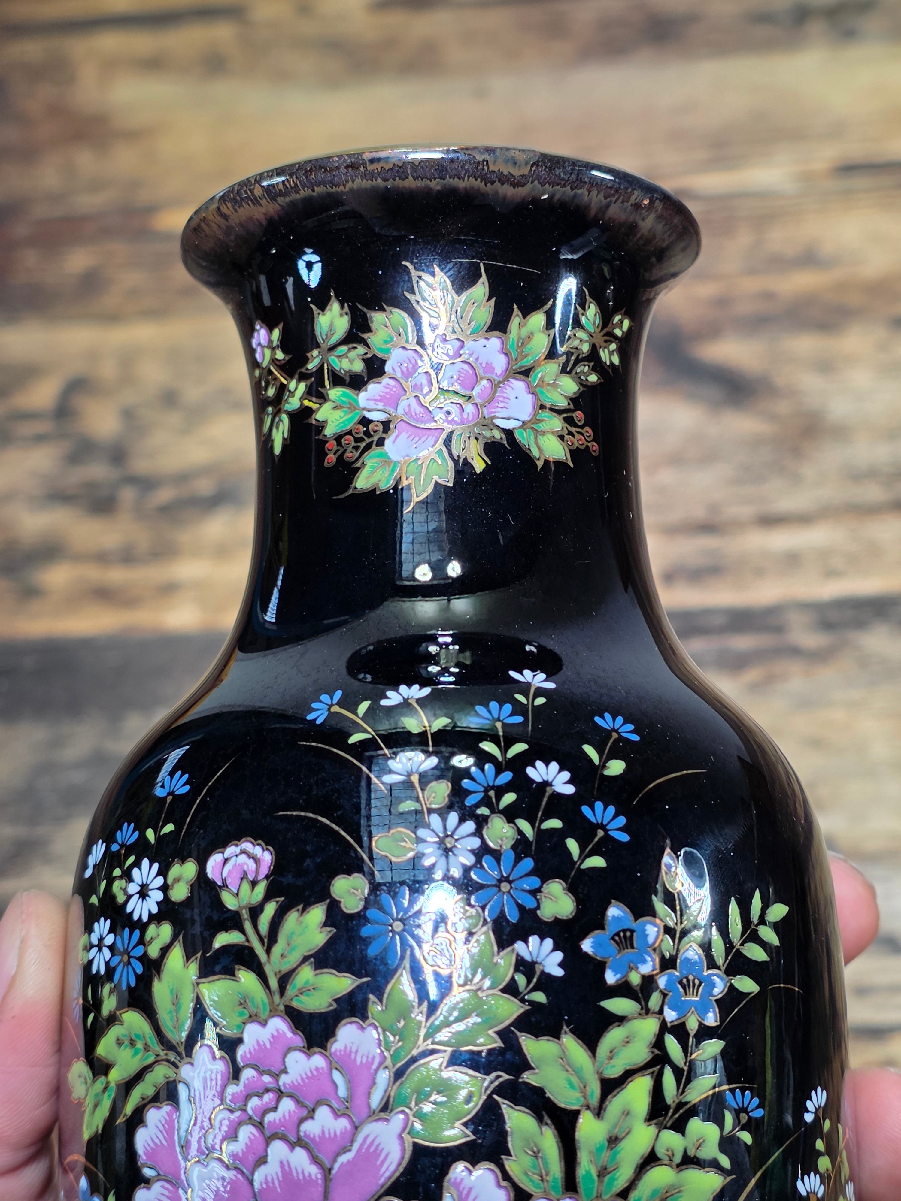 Vintage Imperial Kutani Black Gold Flower Vase Peony Cart Motif Japan Porcelain