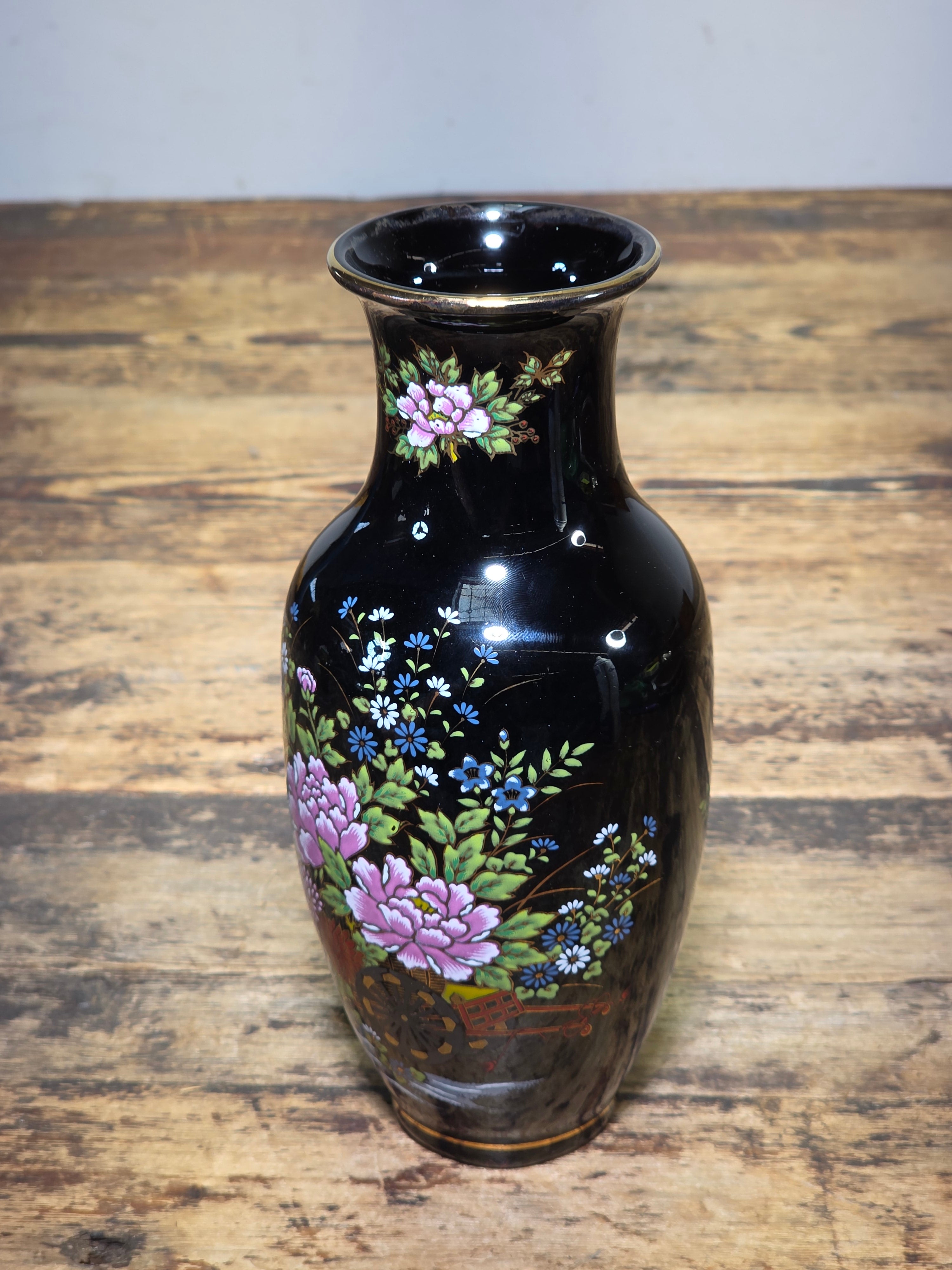 Vintage Imperial Kutani Black Gold Flower Vase Peony Cart Motif Japan Porcelain