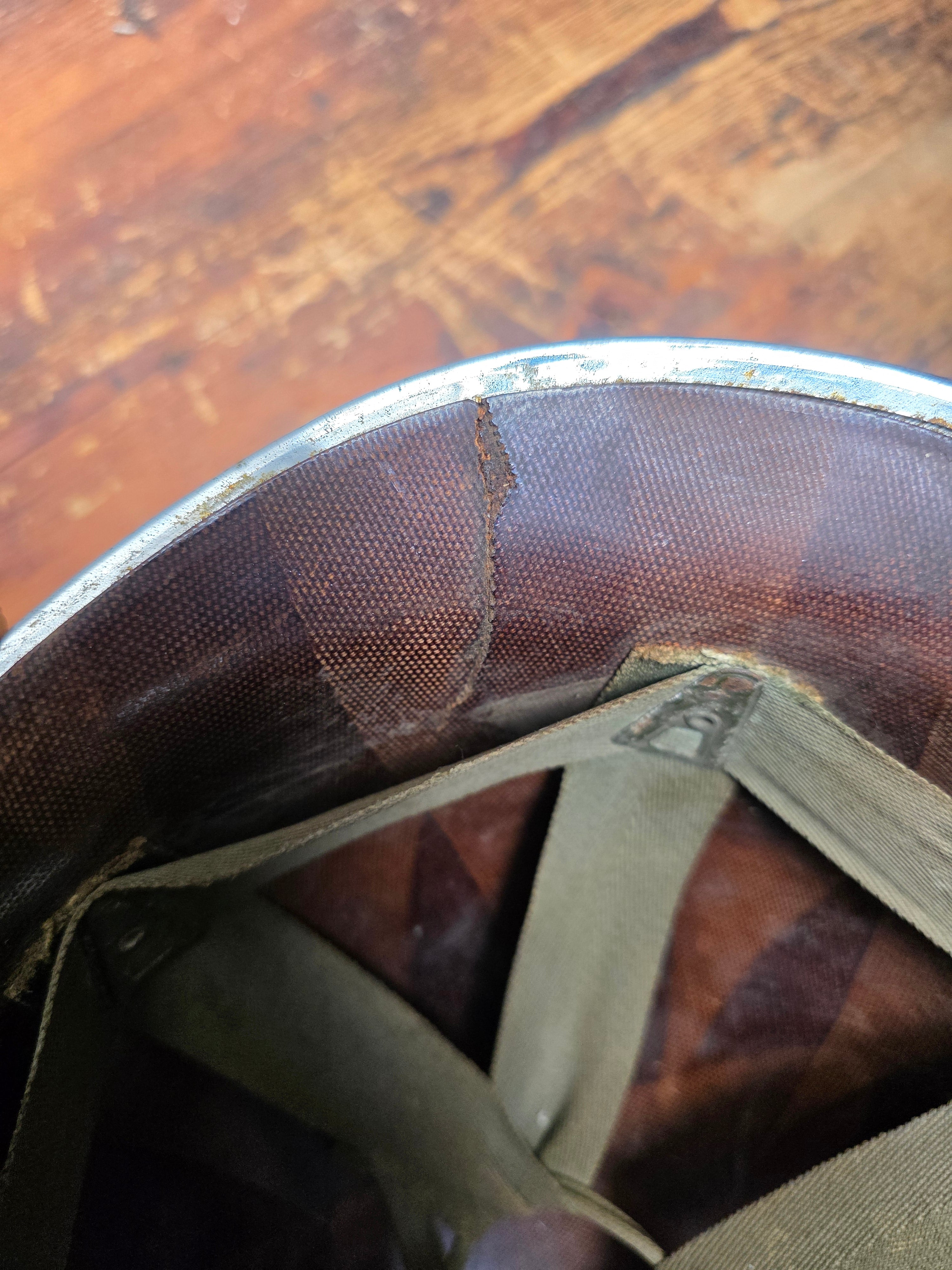 WWII US Army M1 Parade Chrome Helmet CAPAC Fiber Liner Damage 3" Crack