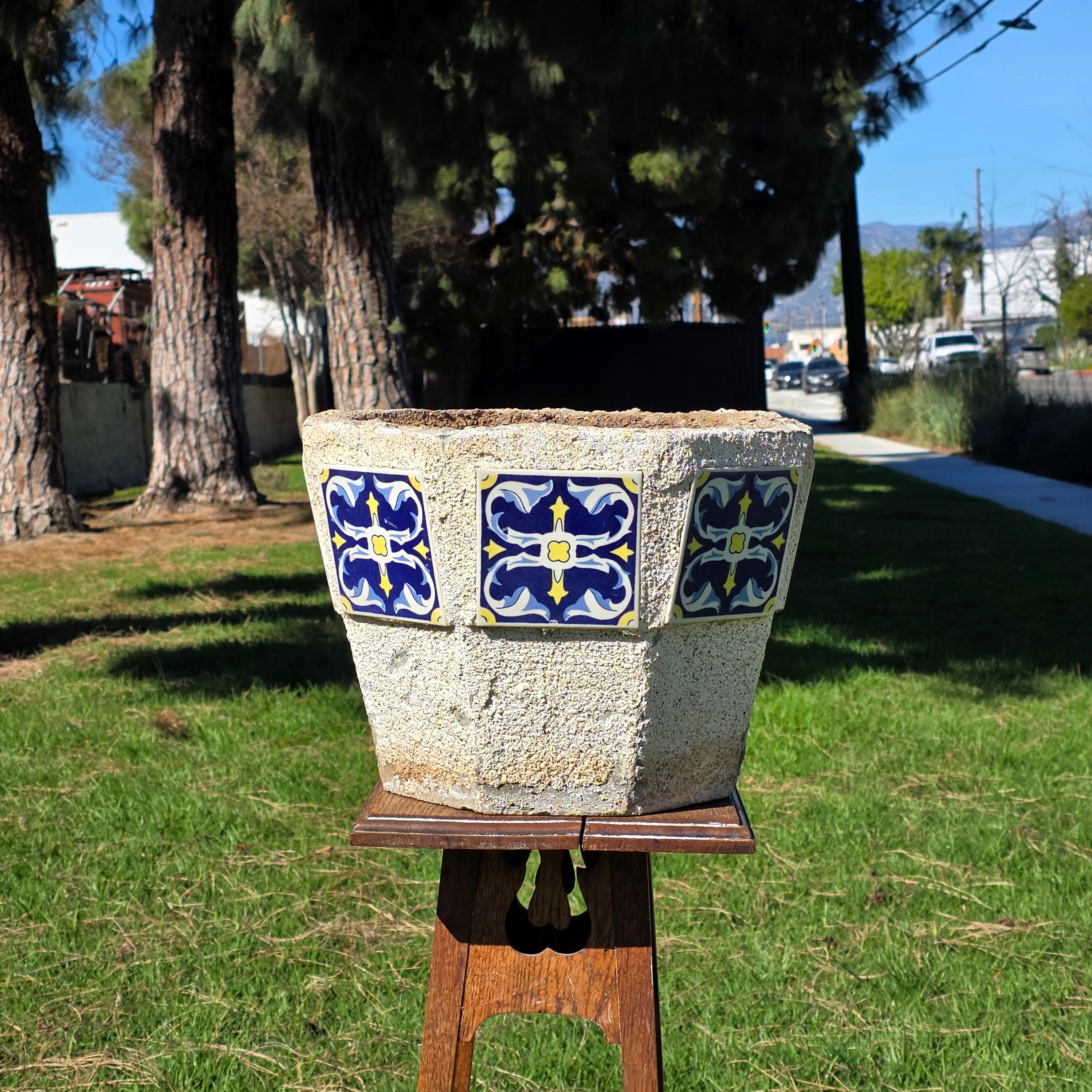 Talavera Style Ceramic Tile Concrete Planter Octagon Pot Spanish Revival 41lb