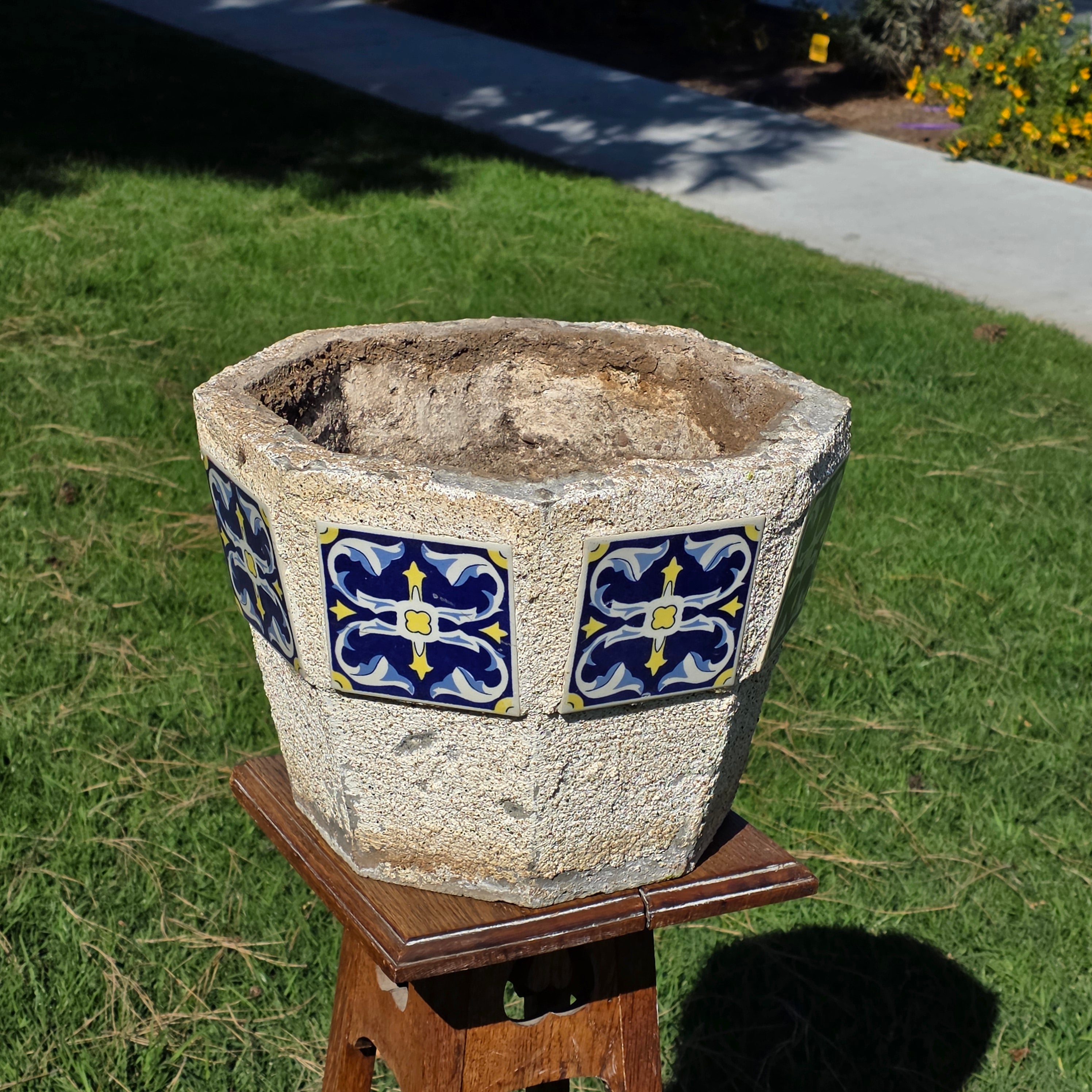 Talavera Style Ceramic Tile Concrete Planter Octagon Pot Spanish Revival 41lb