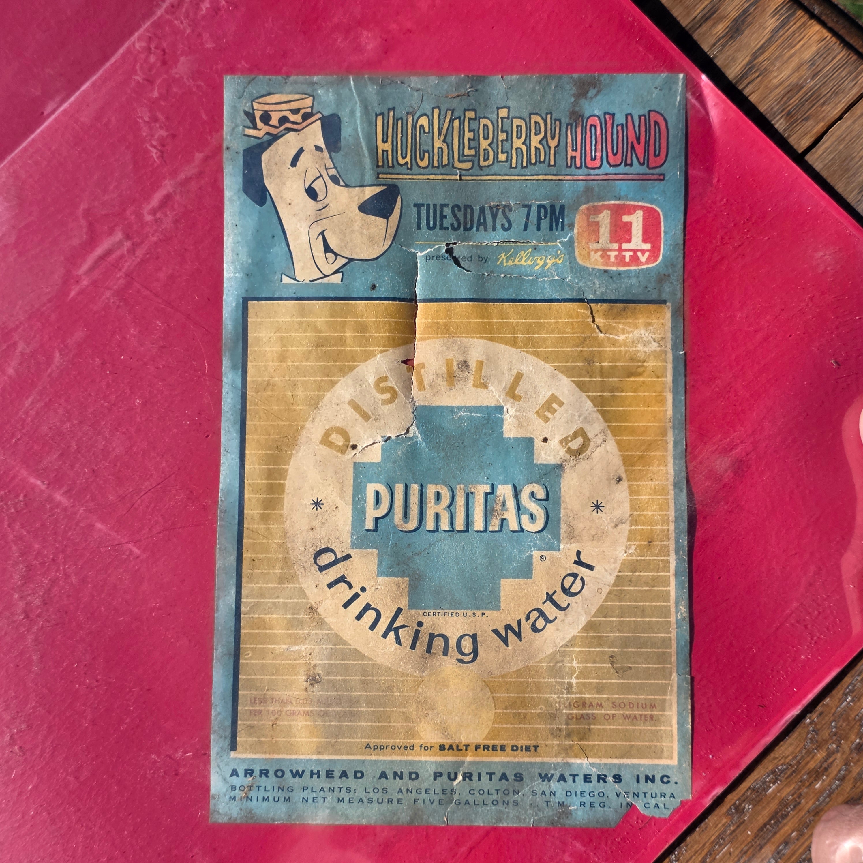 Vintage Puritas Water Wood Crate Huckleberry Hound Kellogg's Ad 1950s CA KTTV 11