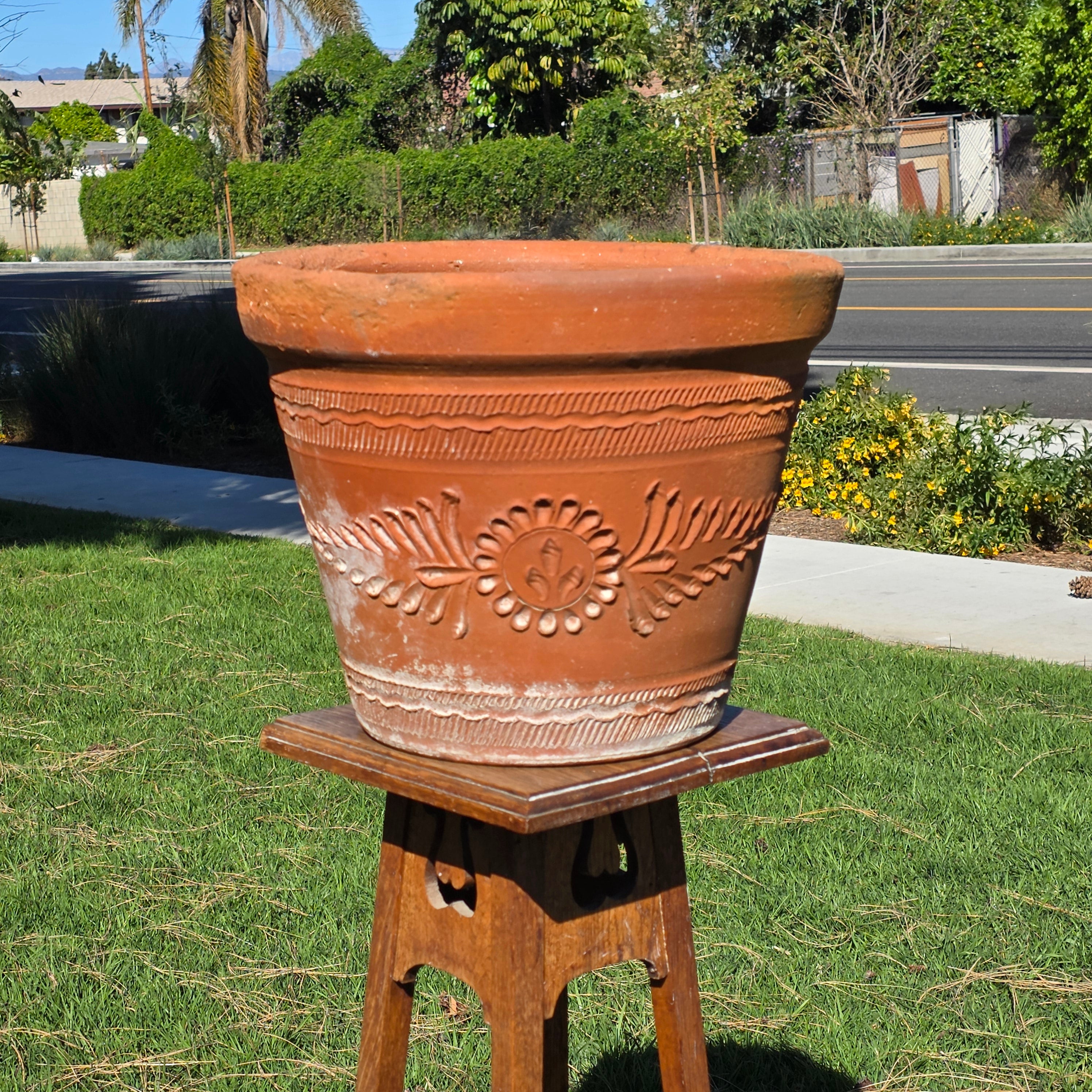 Vintage Mexican Terracotta Planter Large 15" Boho Sun Flower Relief Garden Pot